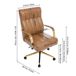 Pu Leather Office Chair With Gold Armrests, Adjustable Height & Tilt, Swivel Base | Brown
