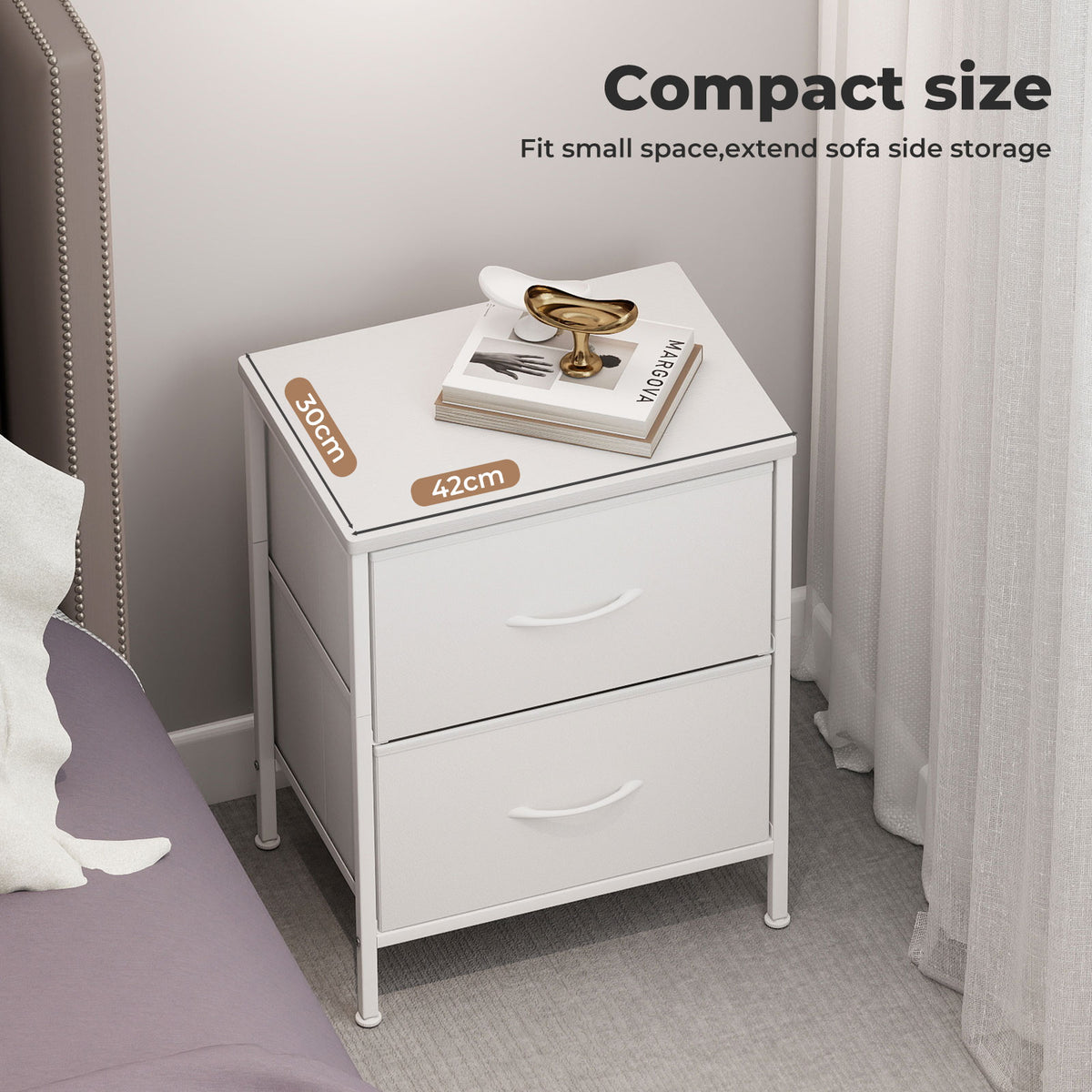 Bedside Table 2 Fabric Drawer Nightstand Shelf Storage Furniture Cabinet | White