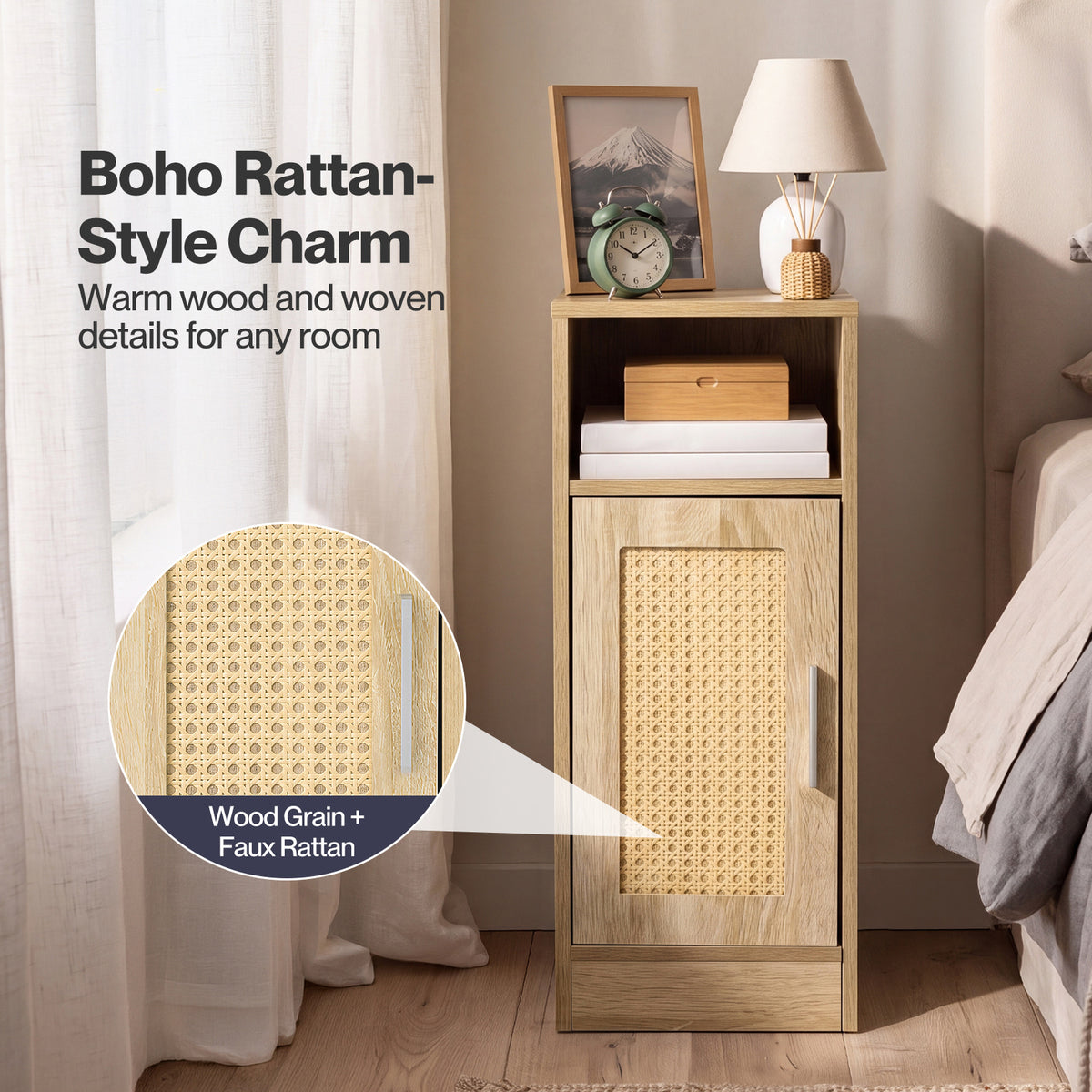 Bedside Table 2 Pc Narrow Side Table Boho Rattan Storage For Bedroom Wood | Brown