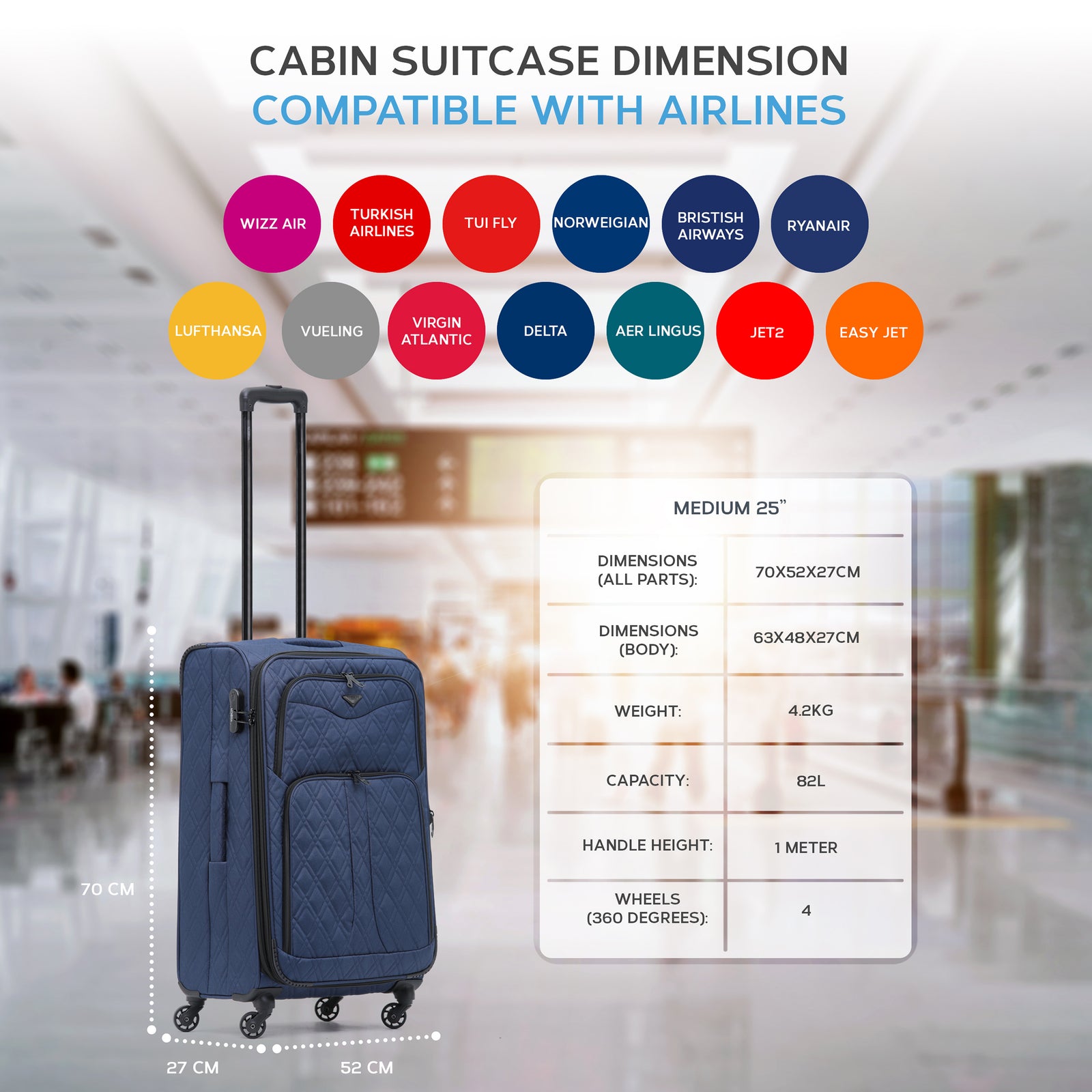 Medium 26" Lightweight 4 Wheel 800d Soft Case Quilted Suitcases Set Of 3 Anti Crack - Cabin & Hold Luggage 100+ Airlines Approved | Medium | Navy Blue