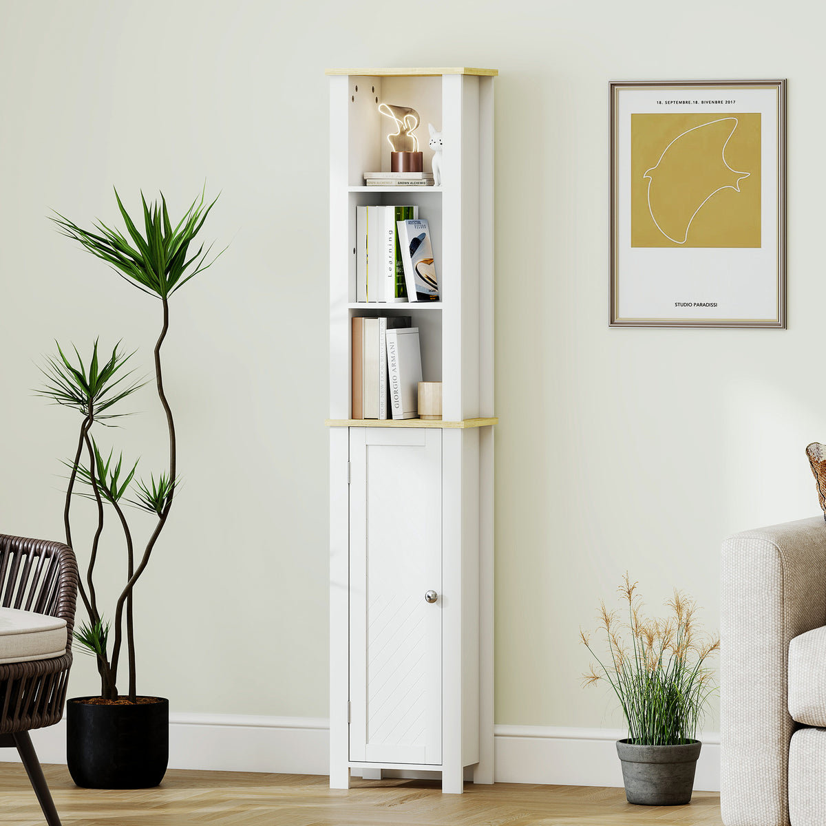 kleankin Slim Bathroom Storage Unit With Open Compartment, White