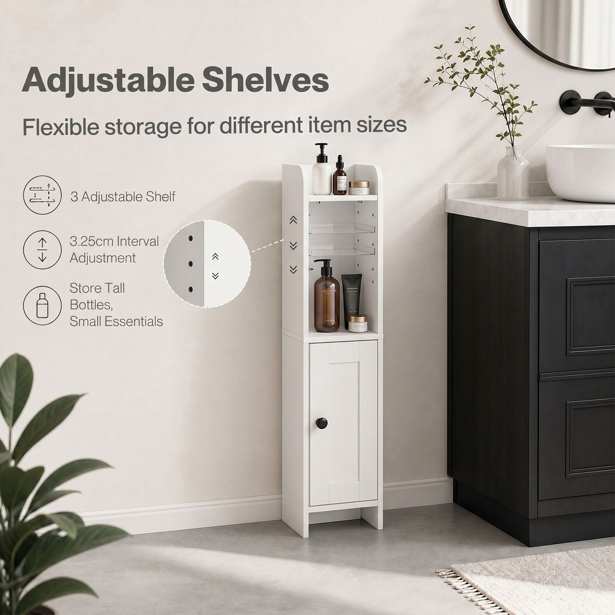 Bathroom Cabinet Slim Corner Storage Adjustable Shelves Pb Mdf | White