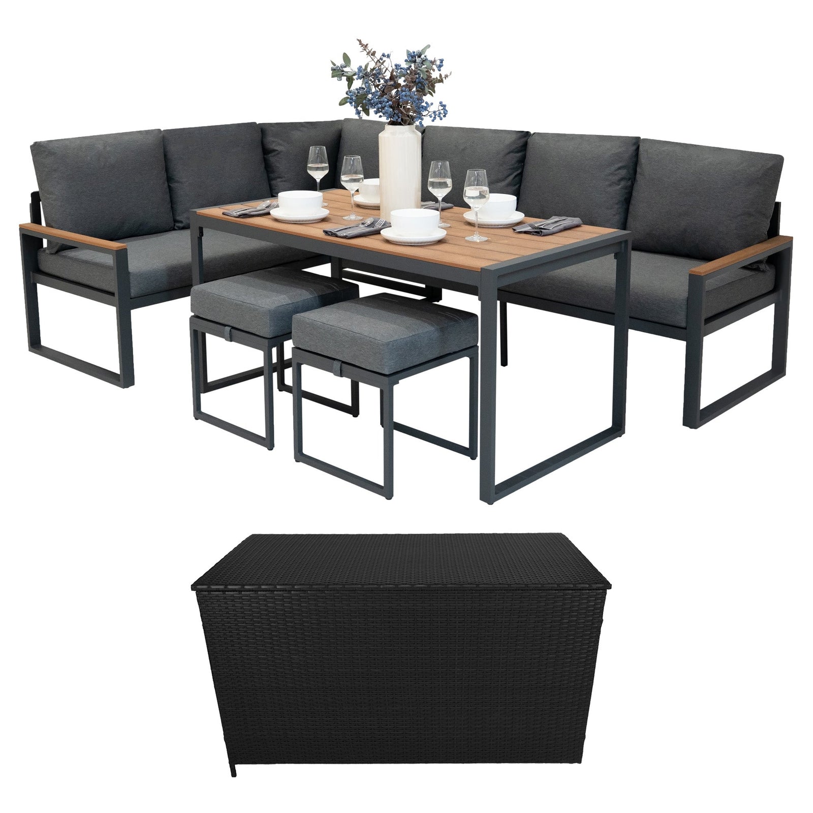 Aluminium Corner Sofa Set With Rattan Storage Box | Brown