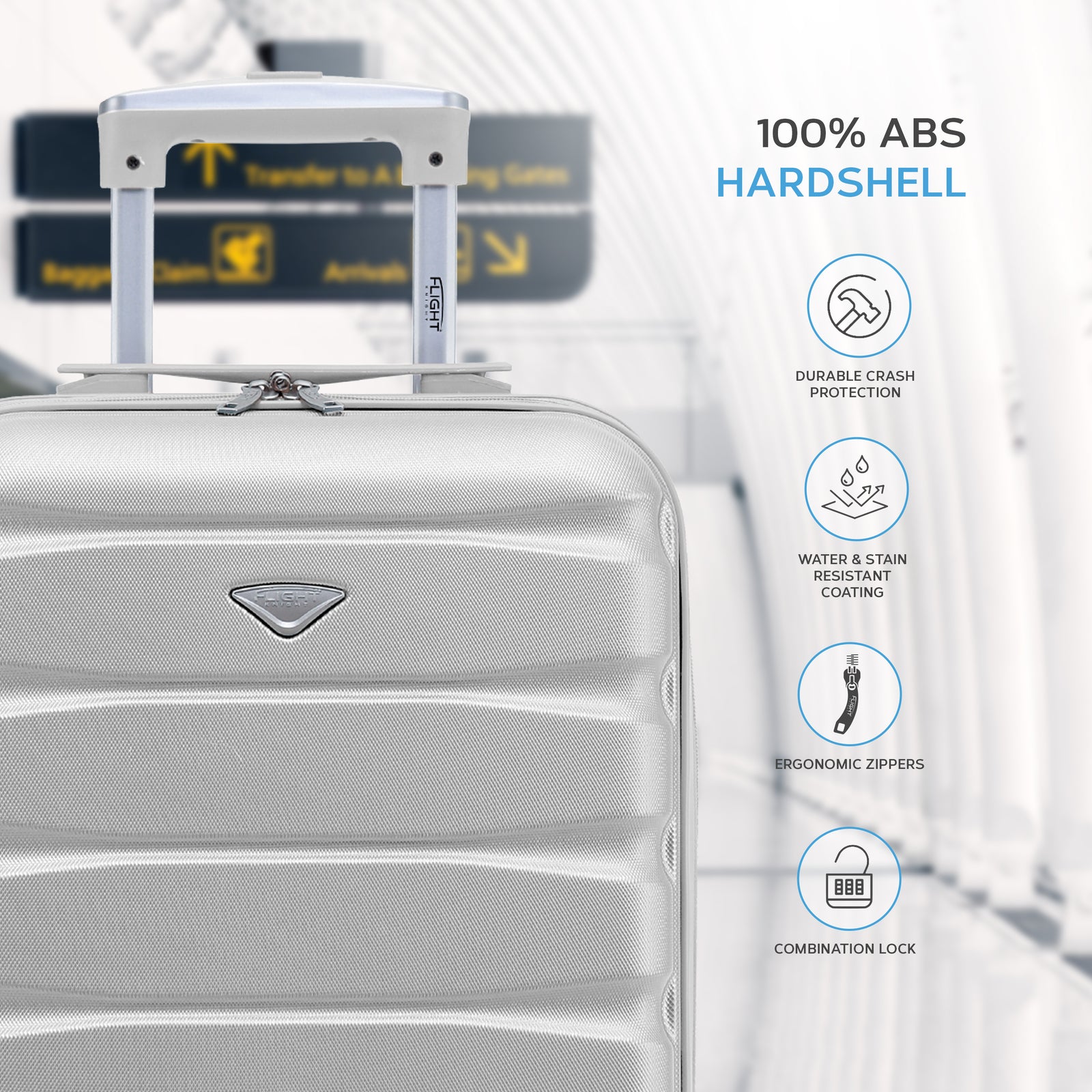 55x35x25cm Lightweight Suitcase - Cabin Carry On - Hard Shell - 4 Wheels Overhead Luggage | Cabin | Silver