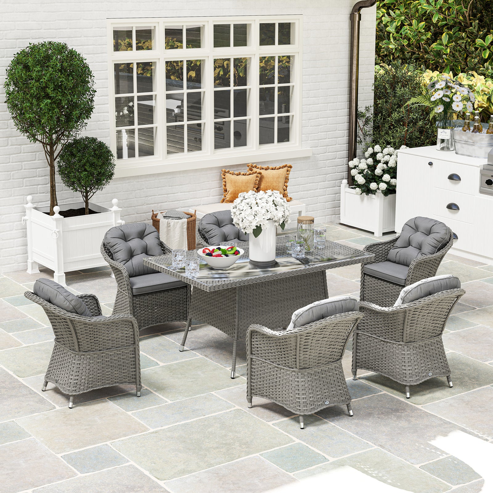 Pe Rattan Garden Dining Set For 6 W/ Seat And Back Cushions