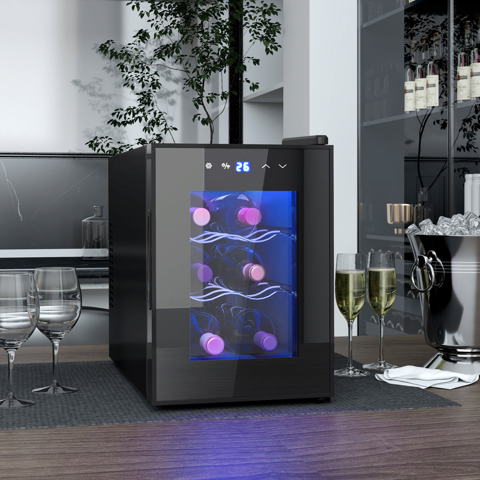 Mini Wine Fridge, 6 Bottle, With Glass Door, Touch Screen