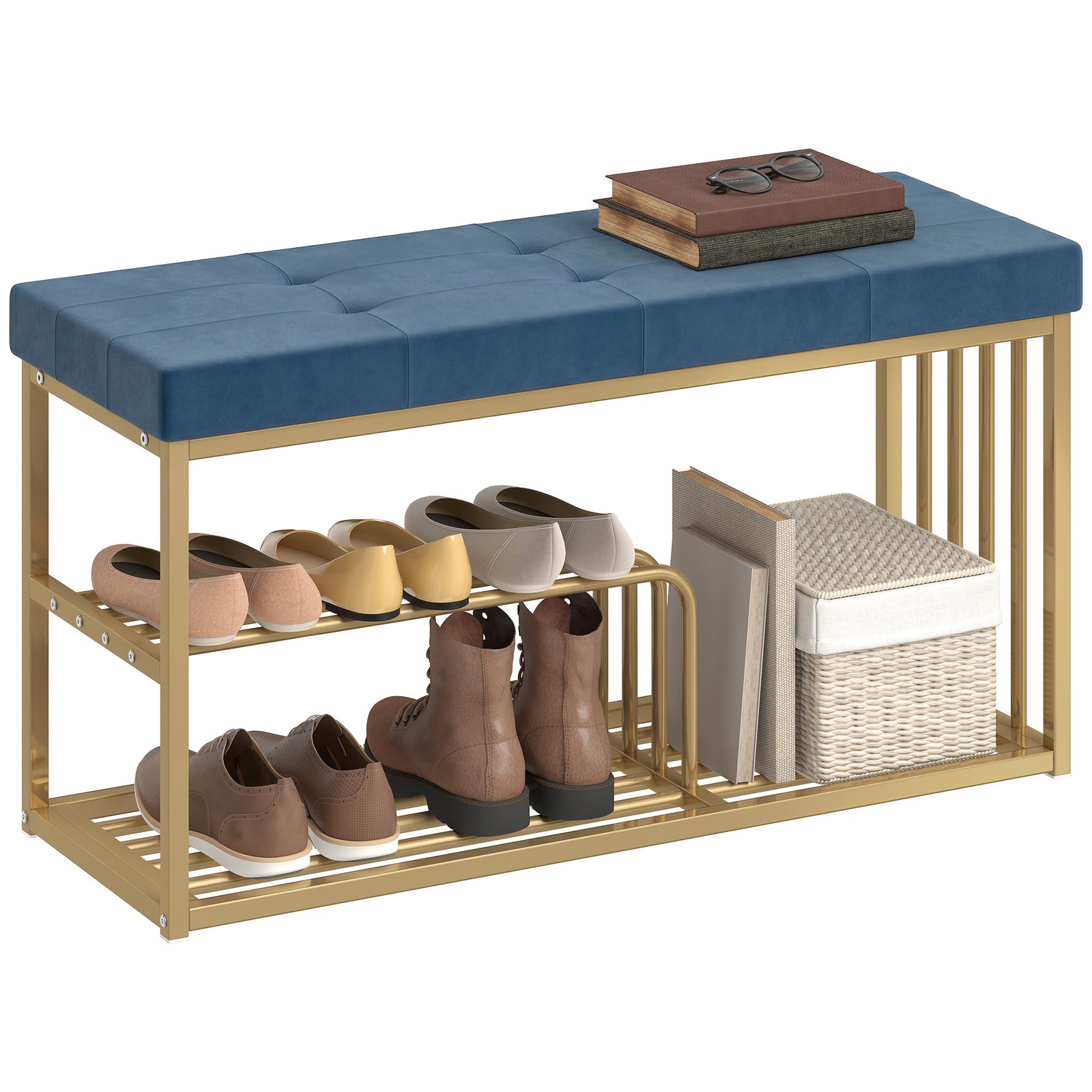 Shoe Storage Bench With Seat Cushion Tufted Shoe Rack Bench | Dark Blue
