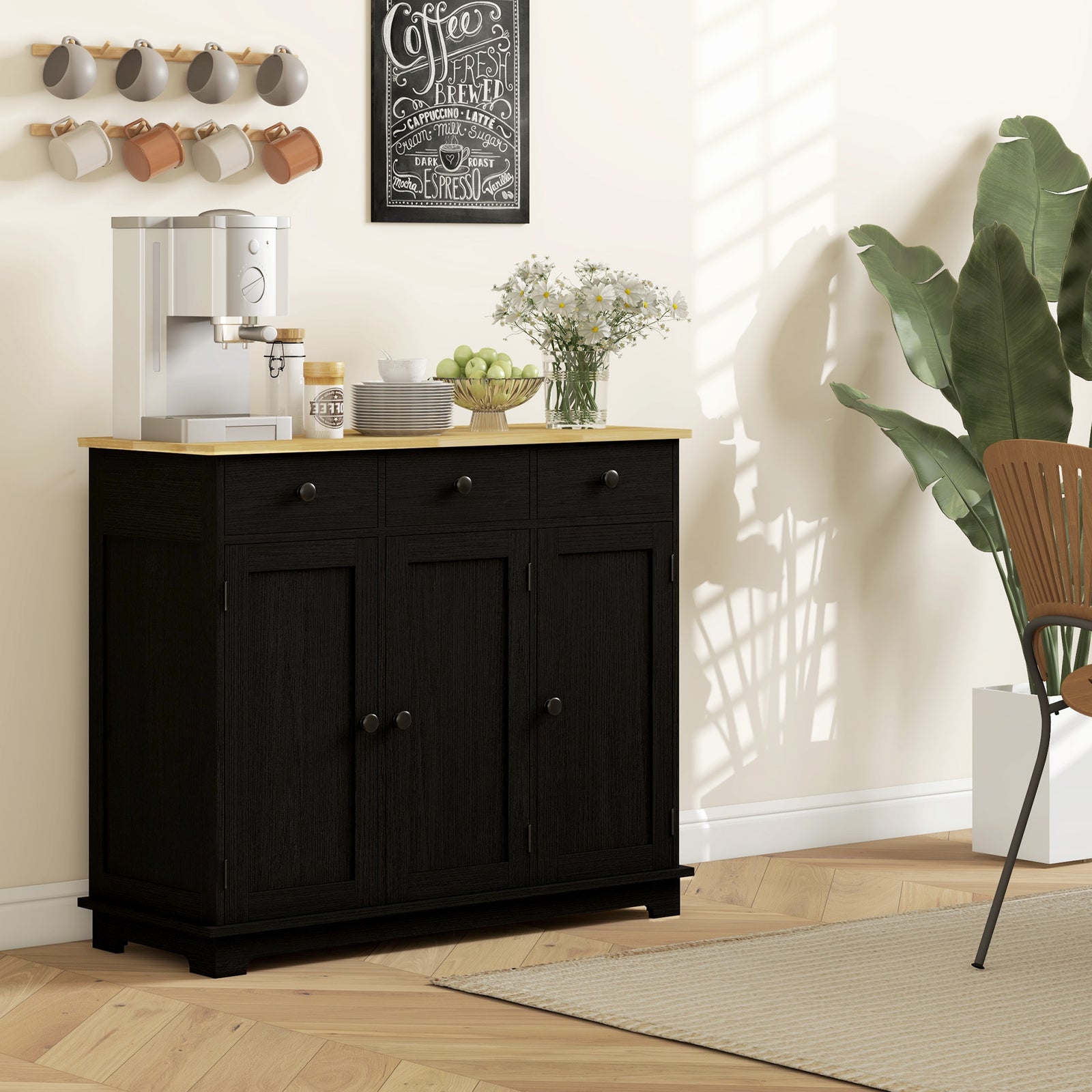 Sideboard Buffet Cabinet With Rubber Wood Top And Drawers | Black