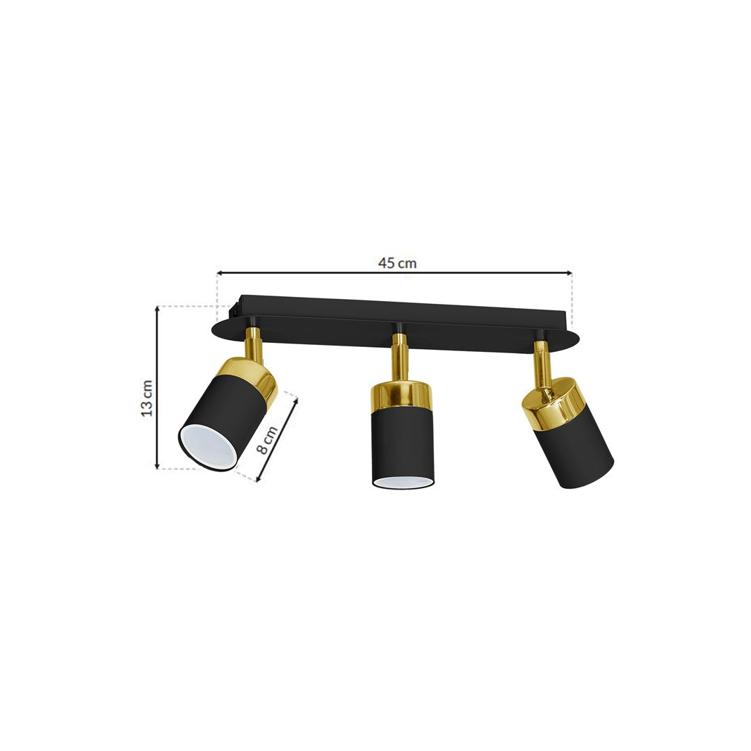 Joker Triple Spot Hand Made Ceiling Lamp In Matt Black With Luxurious Gold Detail With Slender Cylindrical Shades