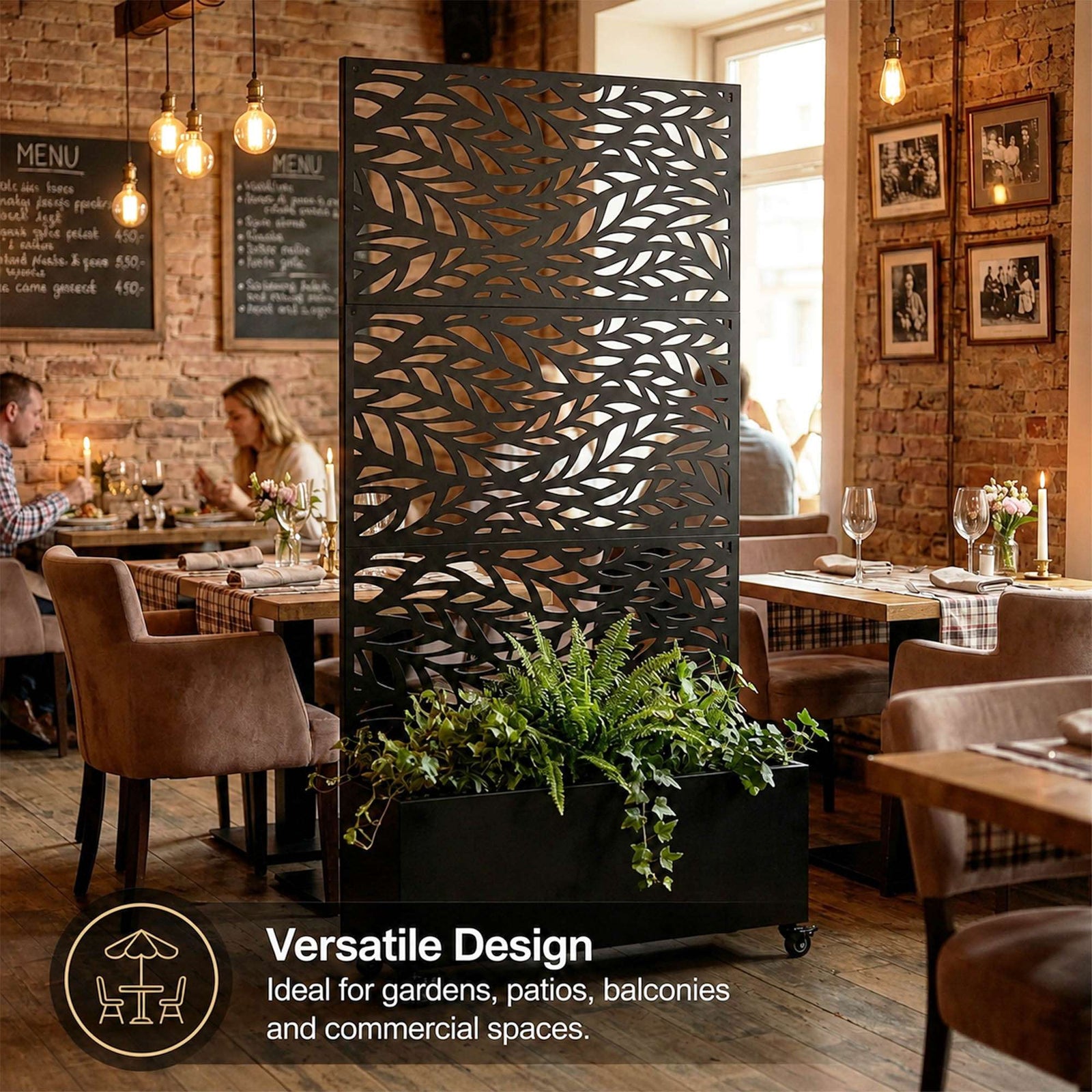 Metal Privacy Screen With Plant Pot - Leaf | Black