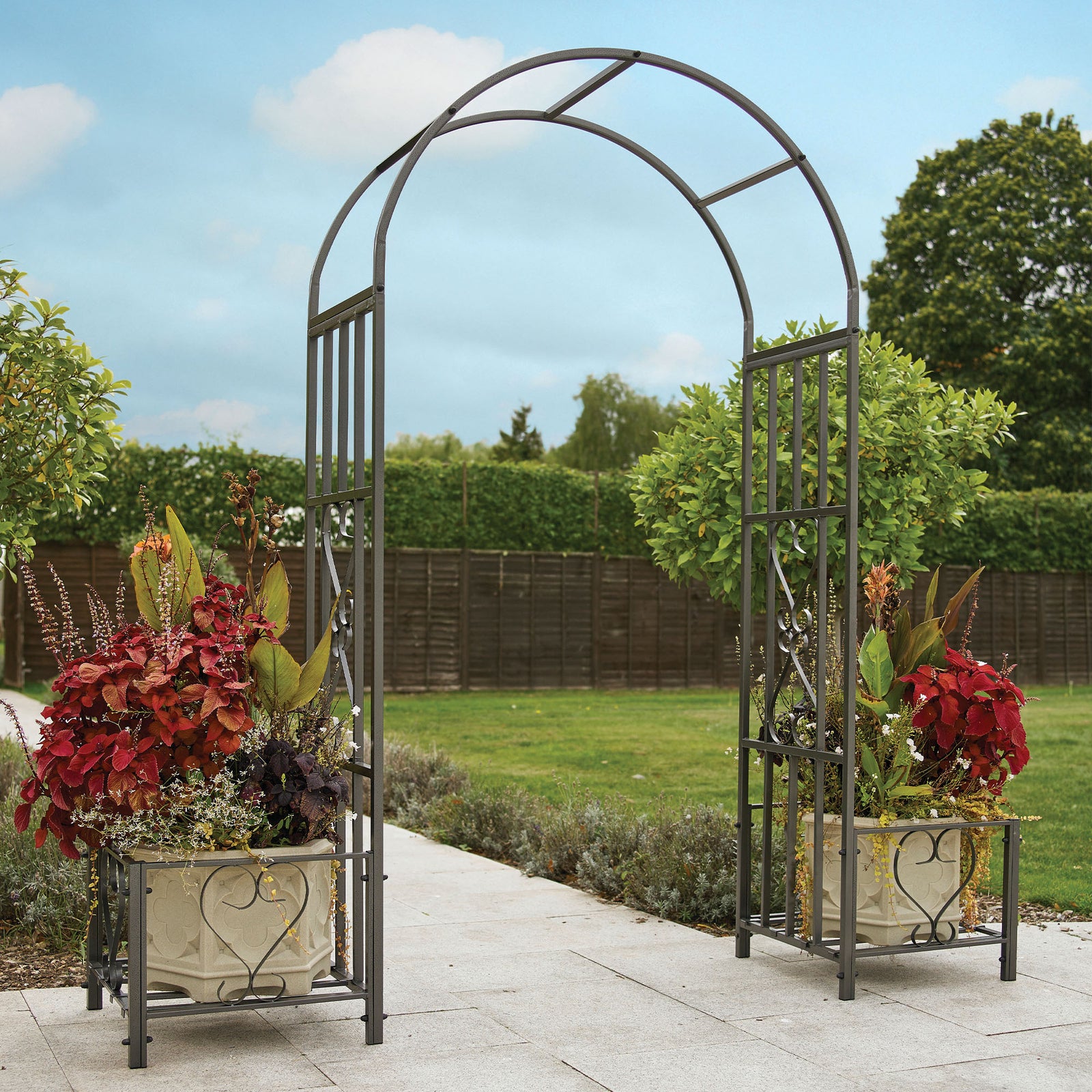 Metal Garden Arch With Planter, Ornamental Walkway Grey