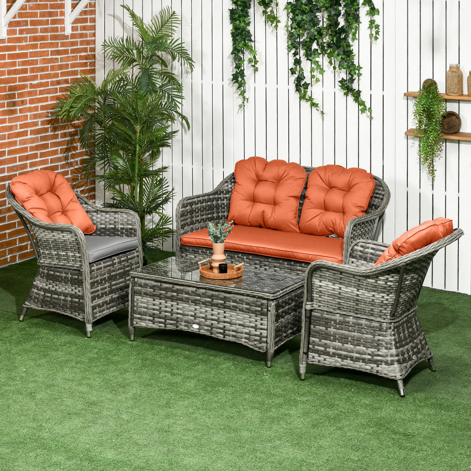 4 Pieces Pe Rattan Wicker Sofa Set Outdoor Conservatory | Orange