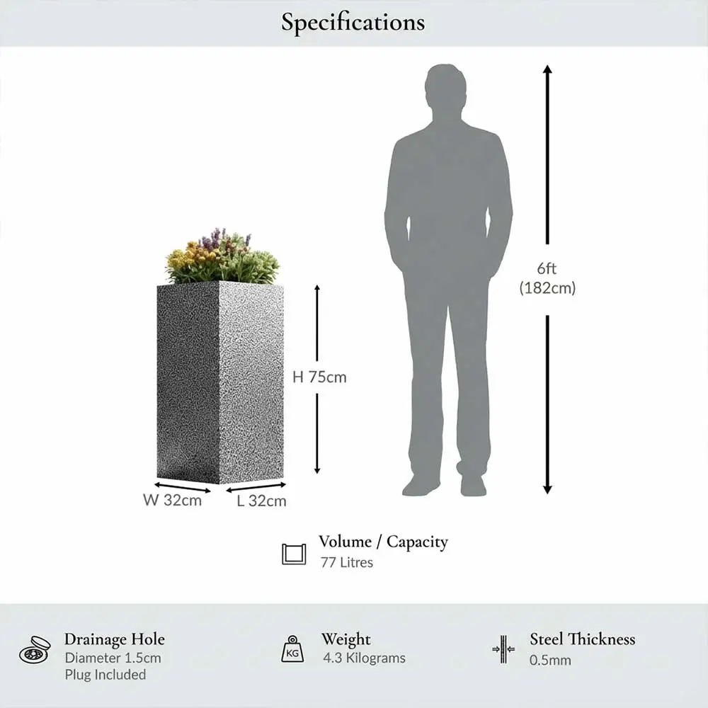 Zinc Galvanised Tall Square Planter | 32cm x 32cm x 75cm | Silver Black