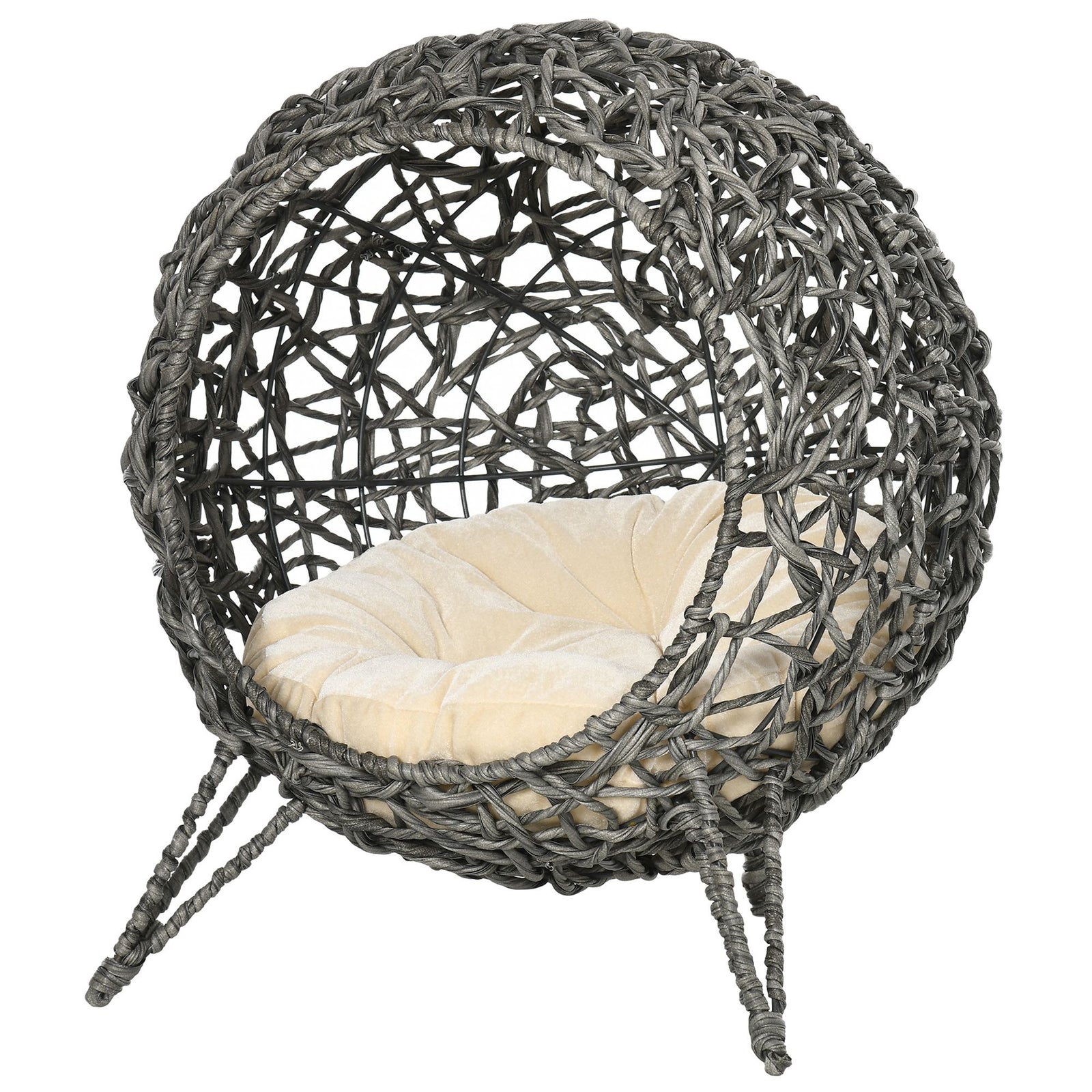 Wicker Cat House, Ball-shaped Rattan Raised Cat Bed | Gray