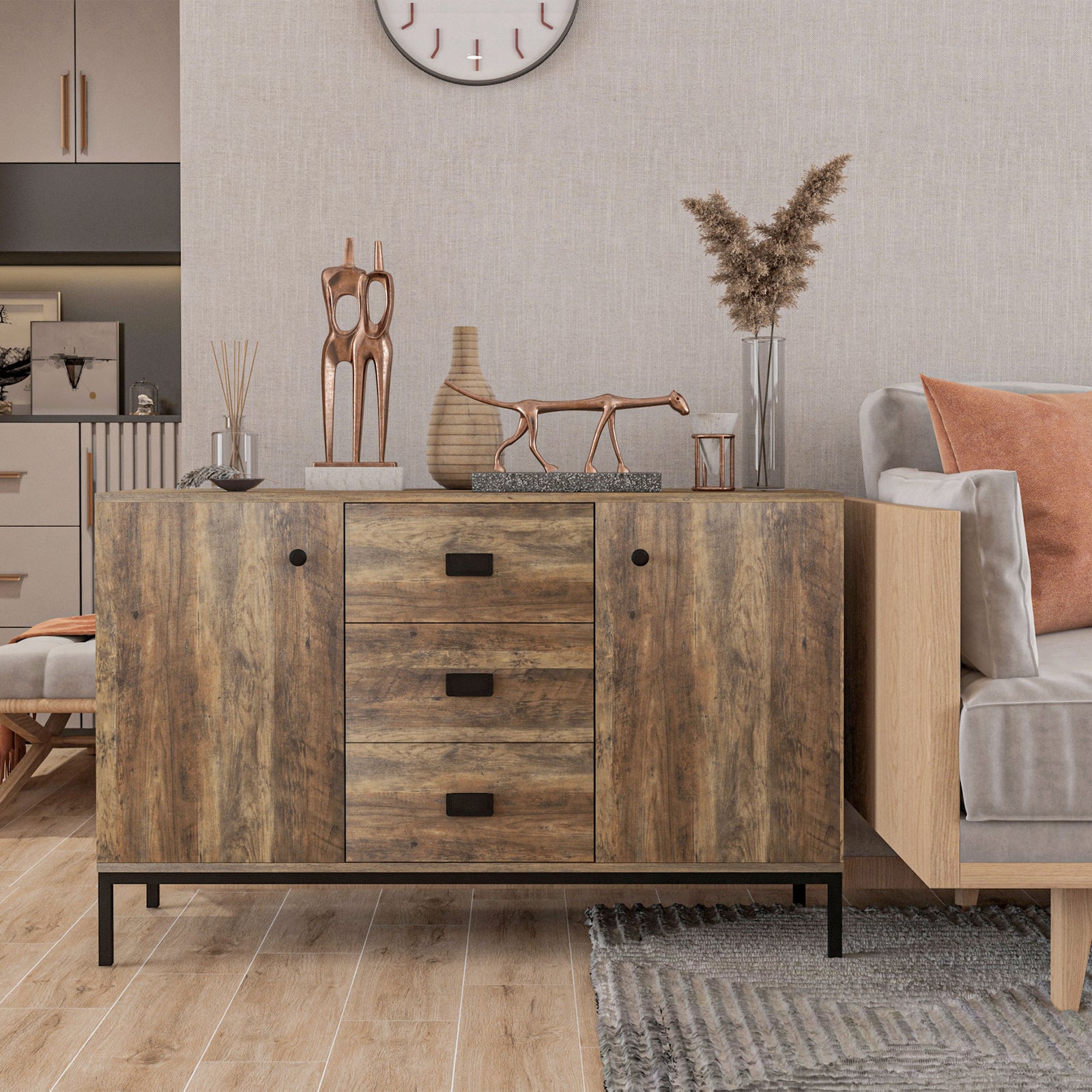 Industrial Sideboard Storage Cabinet Distressed Brown