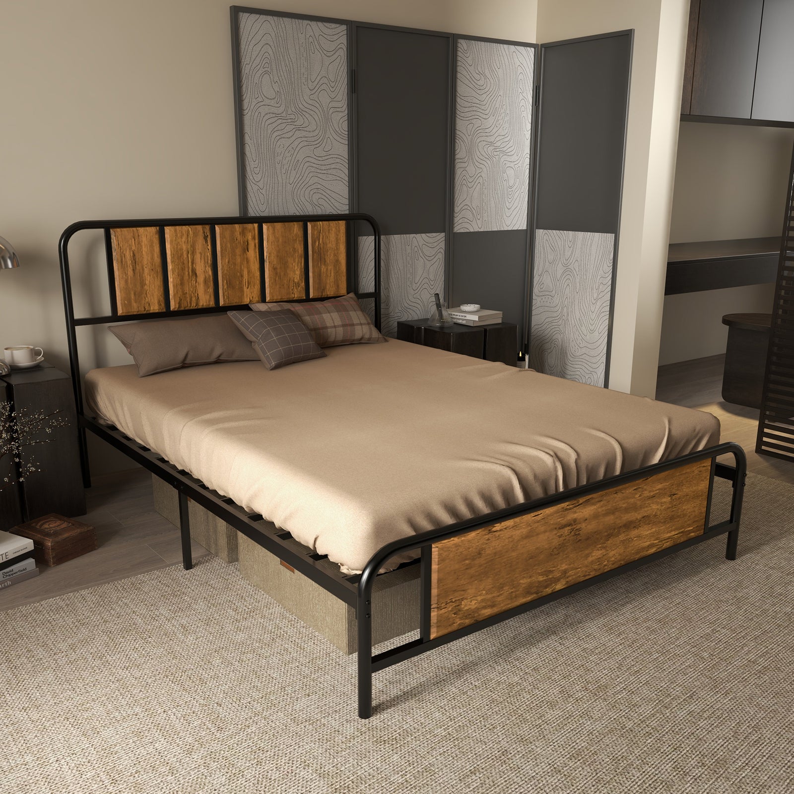 Double/king Bed Frame Steel Bed Base With Headboard Brown | Double | Brown