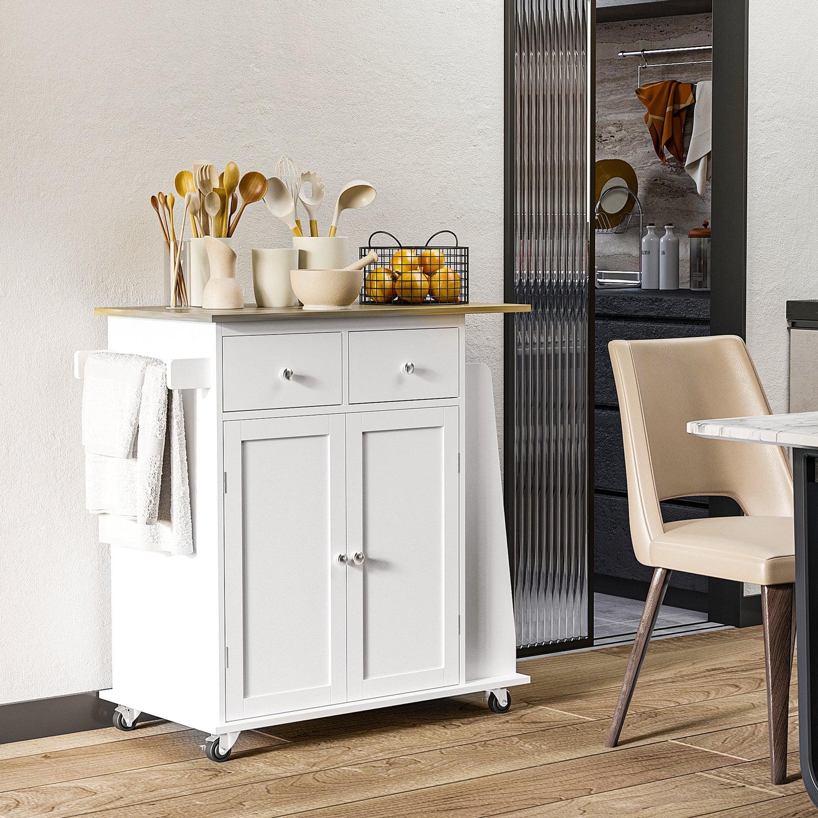 Island Storage Trolley With Rubber Wood Top