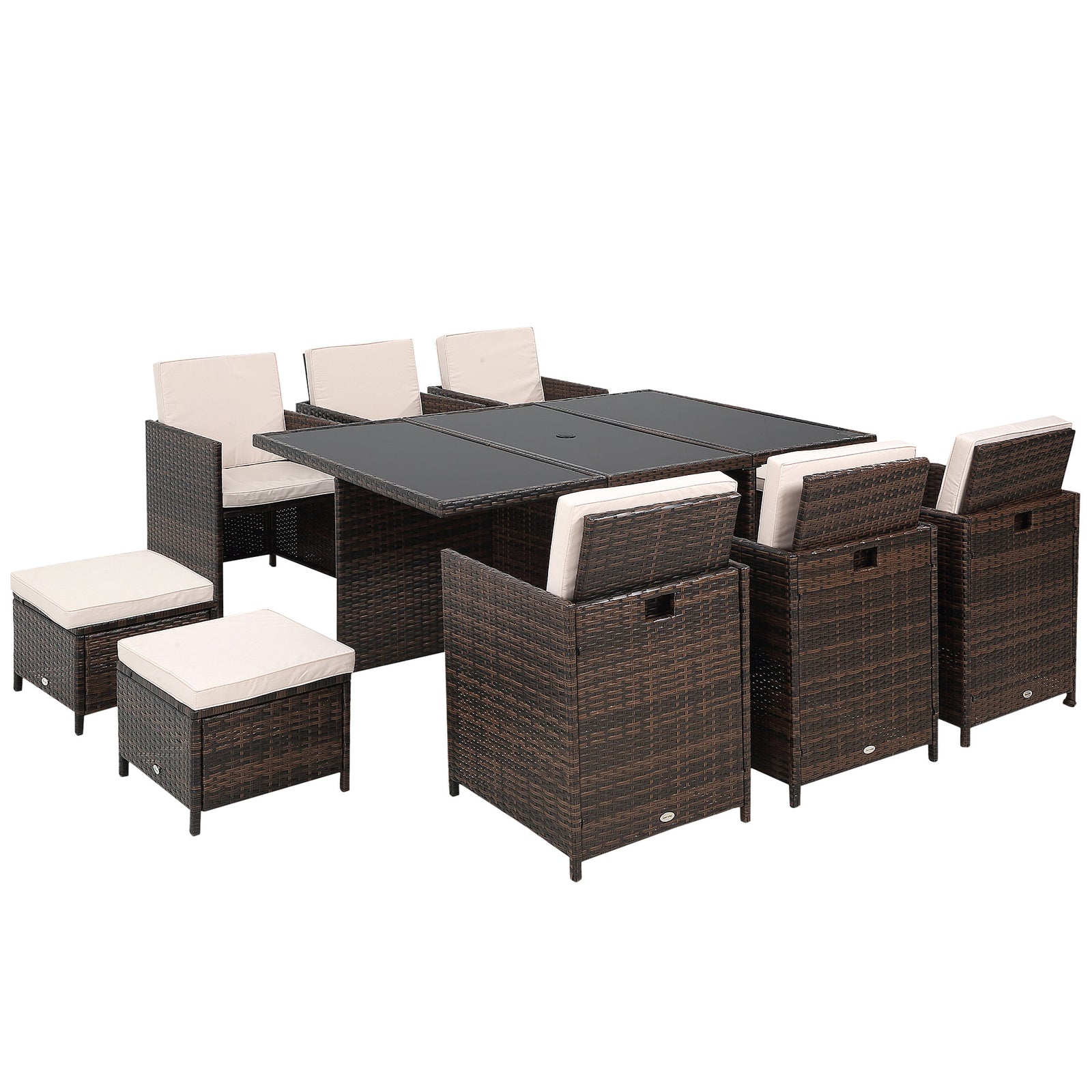 11 Pieces Rattan Dining Set Cushion Footrest Garden Wicker | Brown
