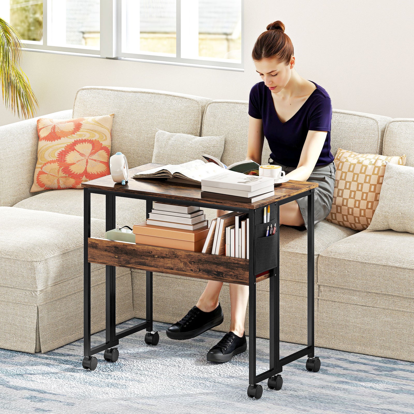 80 Cm Foldable Computer Desk On Wheels For Small Spaces | Brown