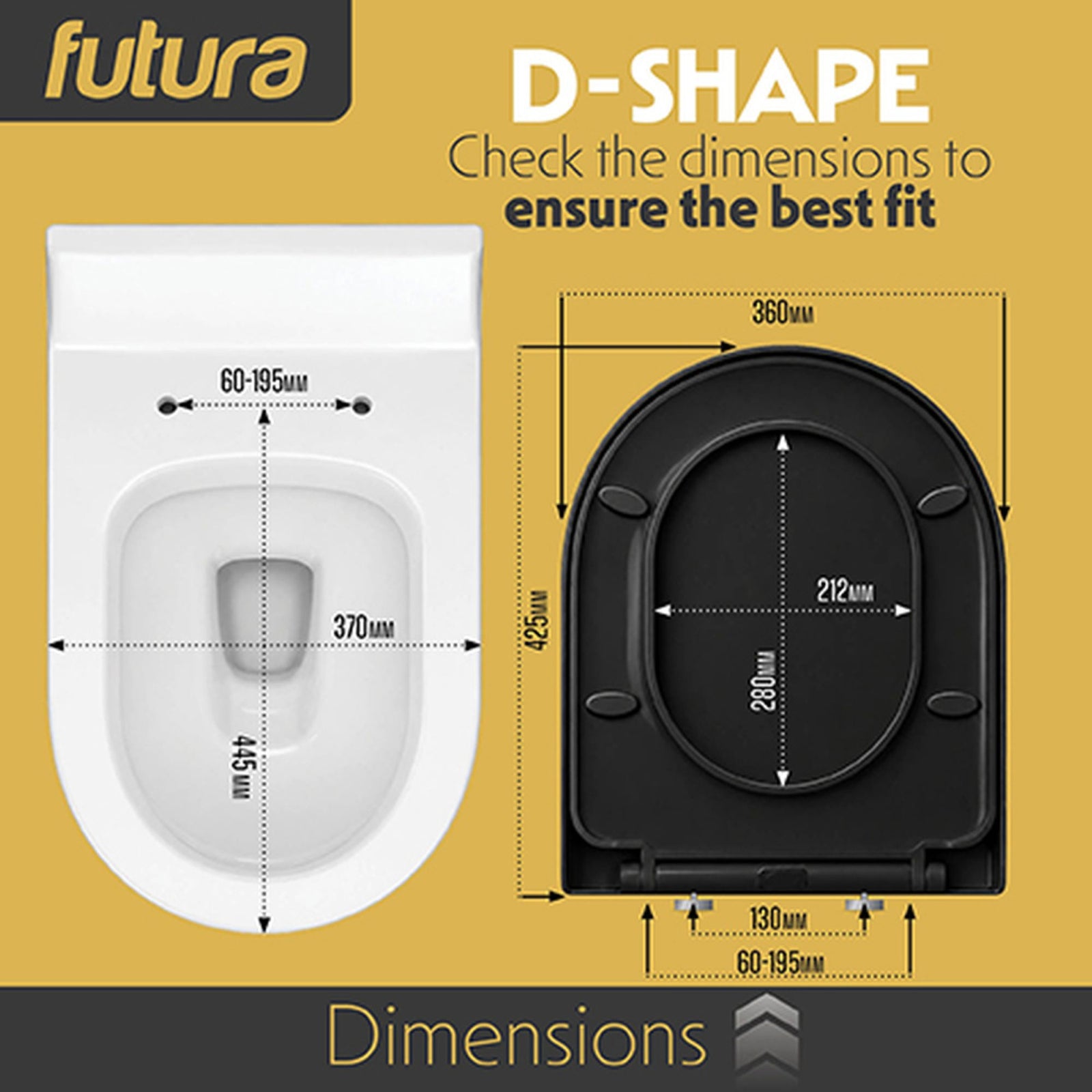 Toilet Seat Soft Close D Shape, Premium Thermoplastic, Quick Release, Top & Bottom Fixings | Black