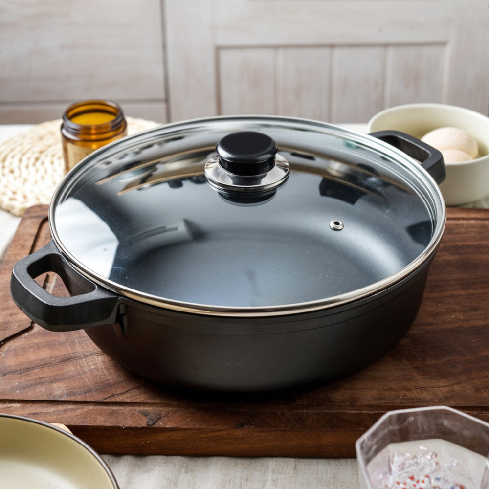 30cm/33cm/35cm Dia Pre-seasoned Round Cast Iron Braiser Pan With Lid & Double Handles | Medium