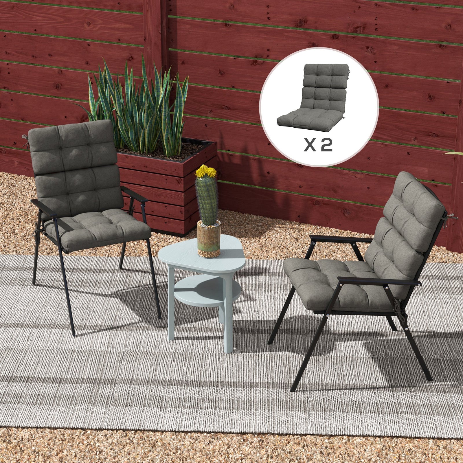 2pc Outdoor Seat Cushion With Backrest, Ties, For Garden | Charcoal Gray