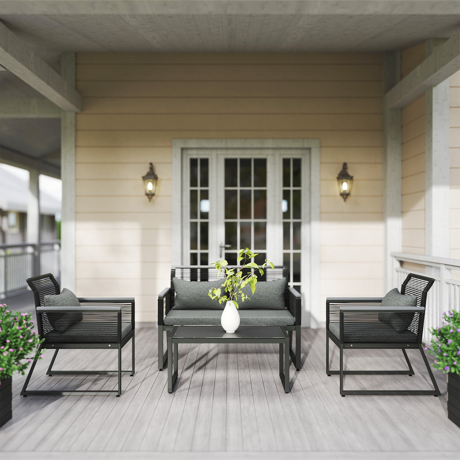 4 Pieces Rattan Garden Furniture Set For 4 Person, Charcoal