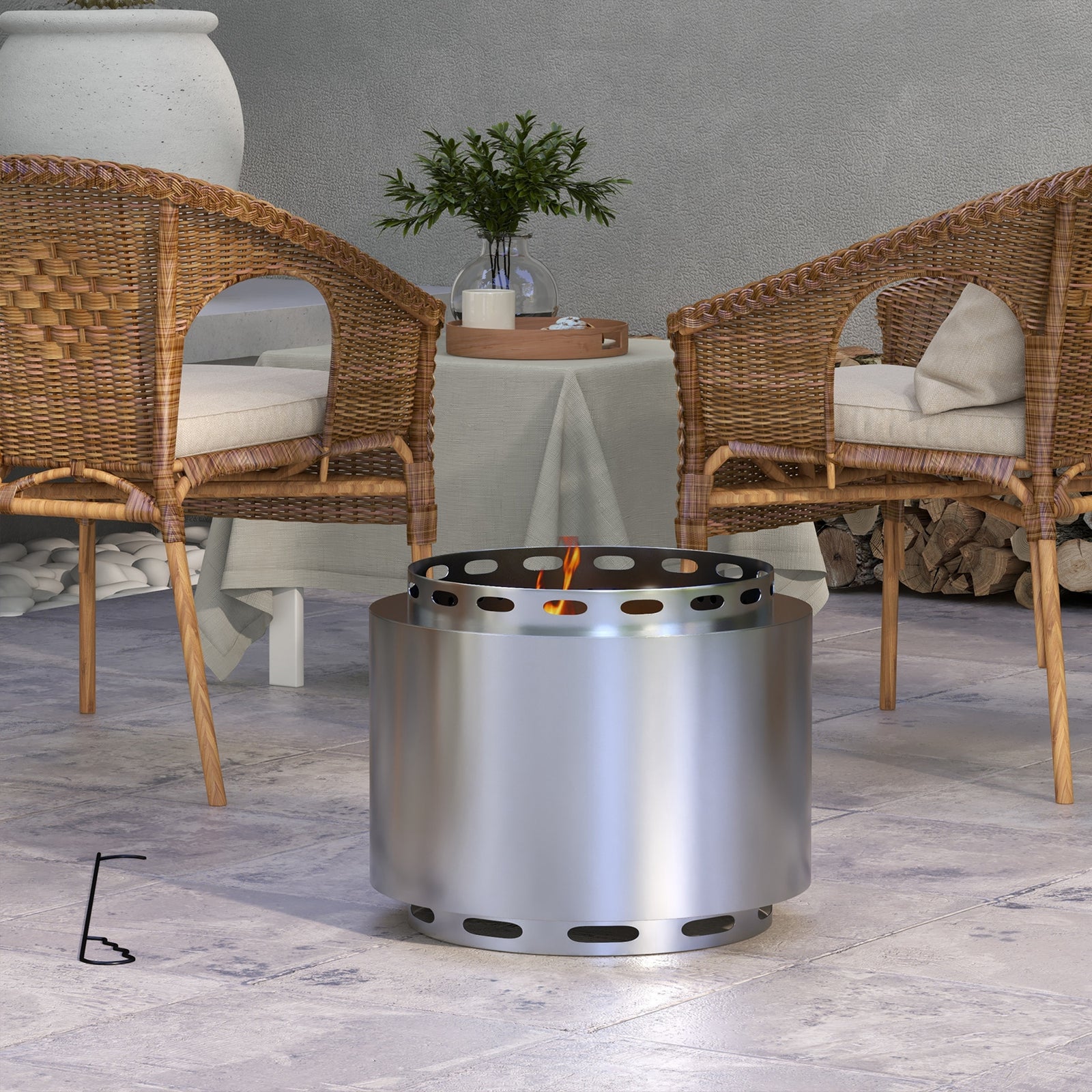 Smokeless Fire Pit W/ Poker, Metal | Silver