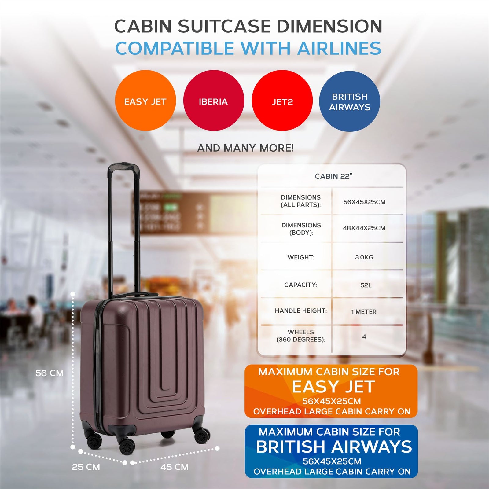56x45x25cm Large Cabin Carry On Case - Overhead Luggage Suitcase - 4 Spinner Wheels - Abs Hard Shell Cabin Bag | Cabin | Burgundy