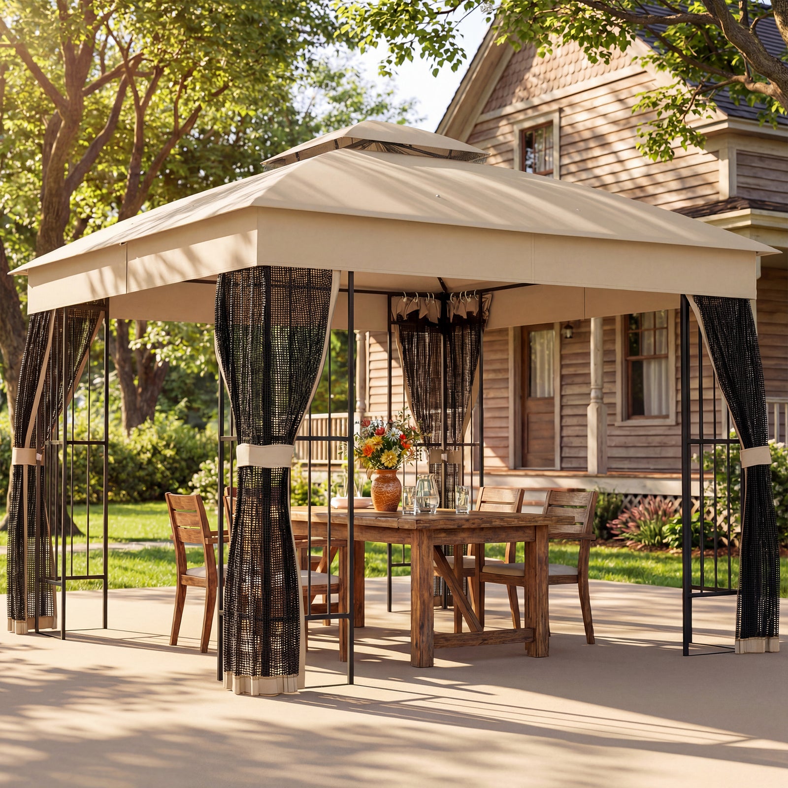 3 X 3 M Garden Gazebo With Shelves, Upf50+ Permanent Gazebo | Brown