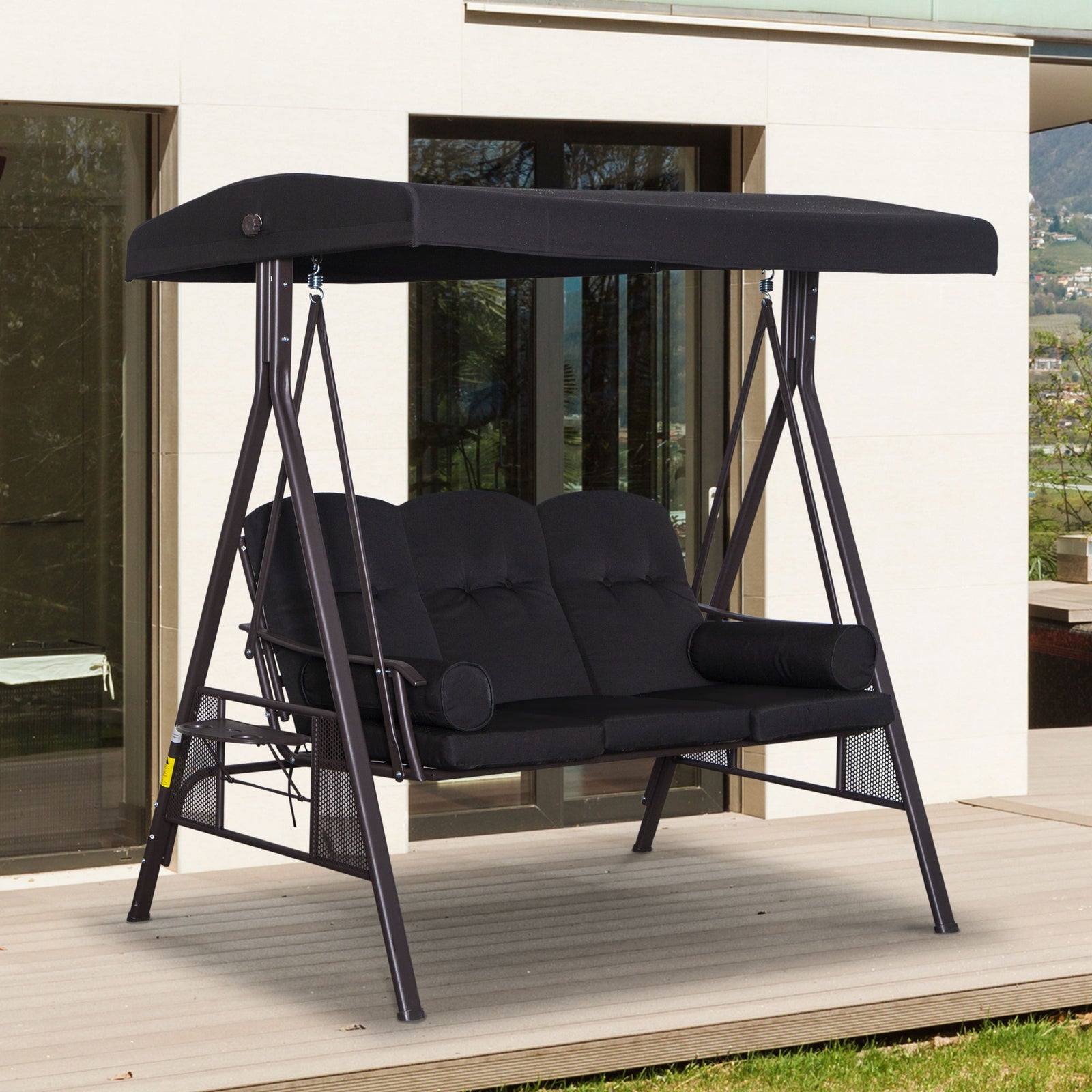 Outdoor 3 Seat Garden Swing Chair Steel Swing Hammock Bench | Black