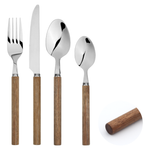 Cutlery Set Acacia Wood Handle Stainless Steel Fork Spoon | Set of 16 | Brown