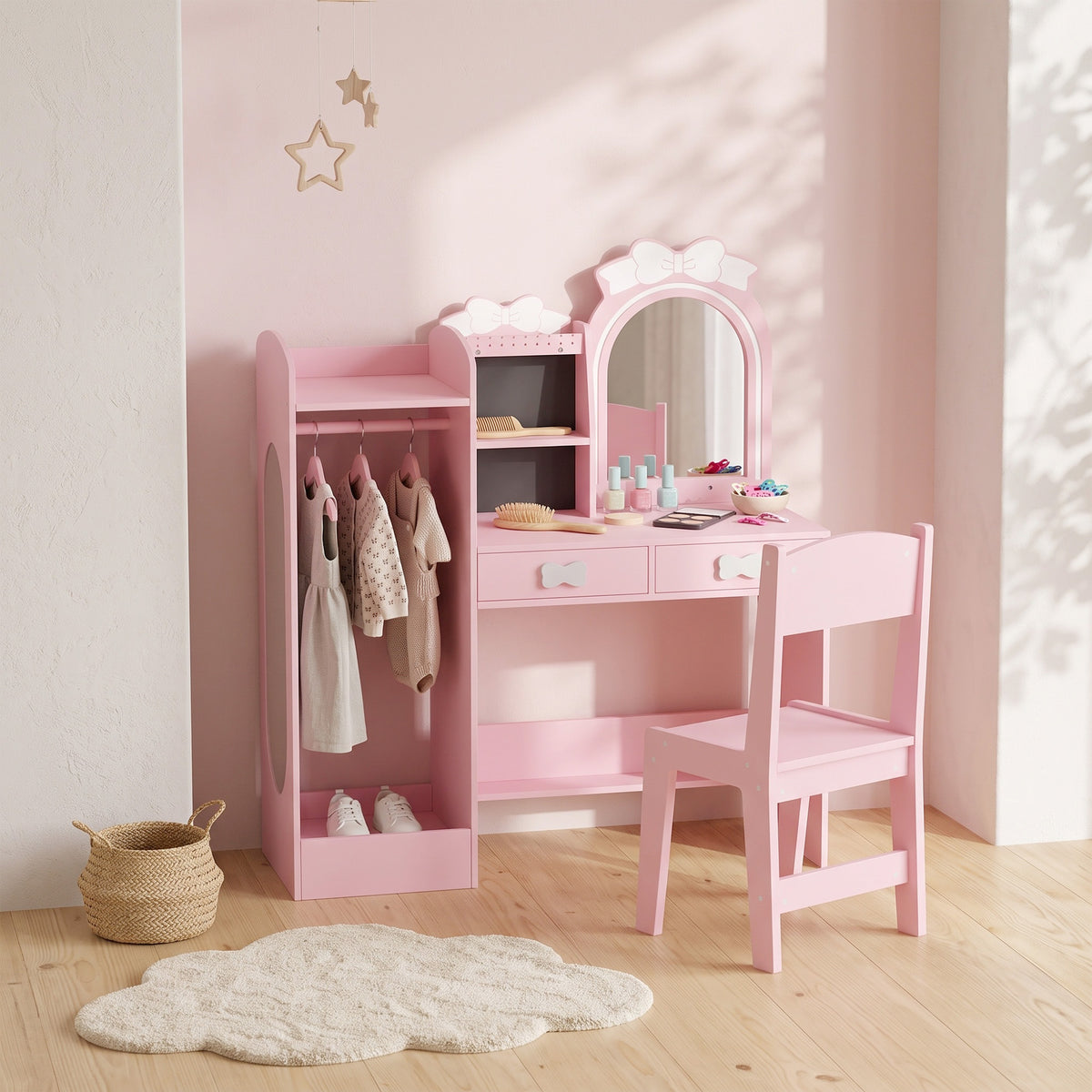 AIYAPLAY Kids Dressing Table With Stool, 2-colour Lights Mirror, Pink