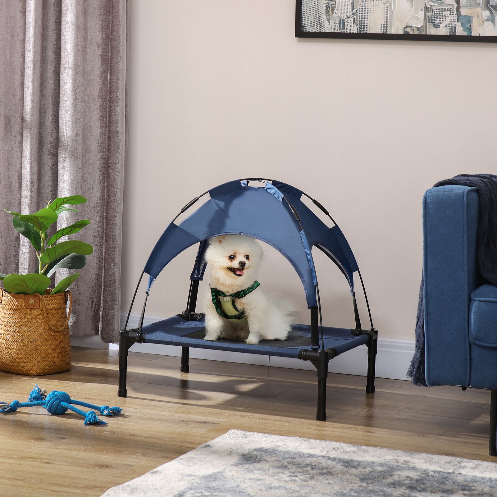 Pawhut 61cm Elevated Dog Bed Cooling Raised Pet Cot Uv Protection Canopy | Blue