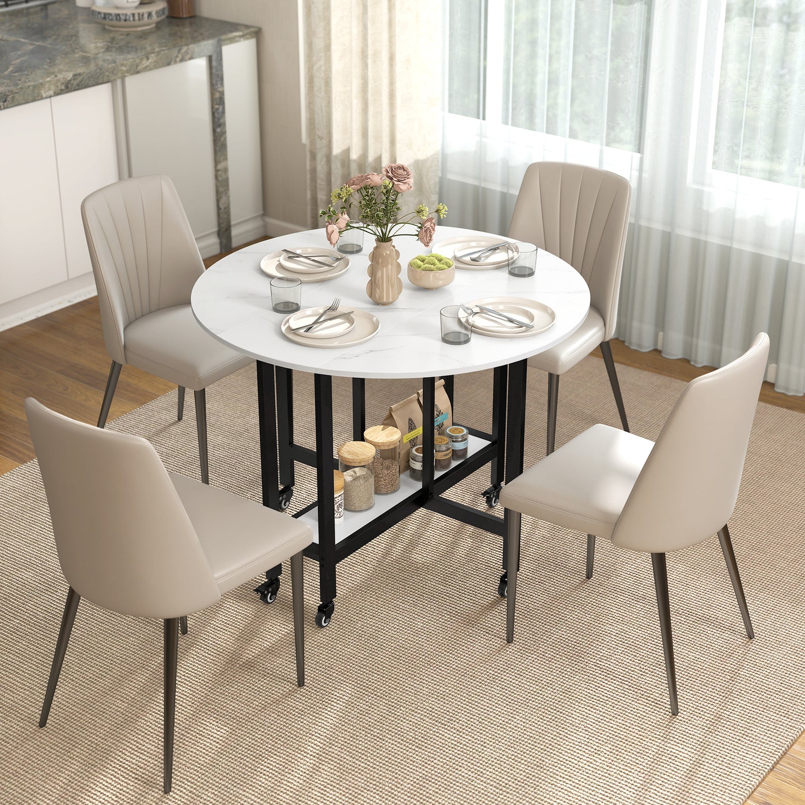 Folding Dining Table, Drop Leaf Table With Open Shelf, White Marble | L | White