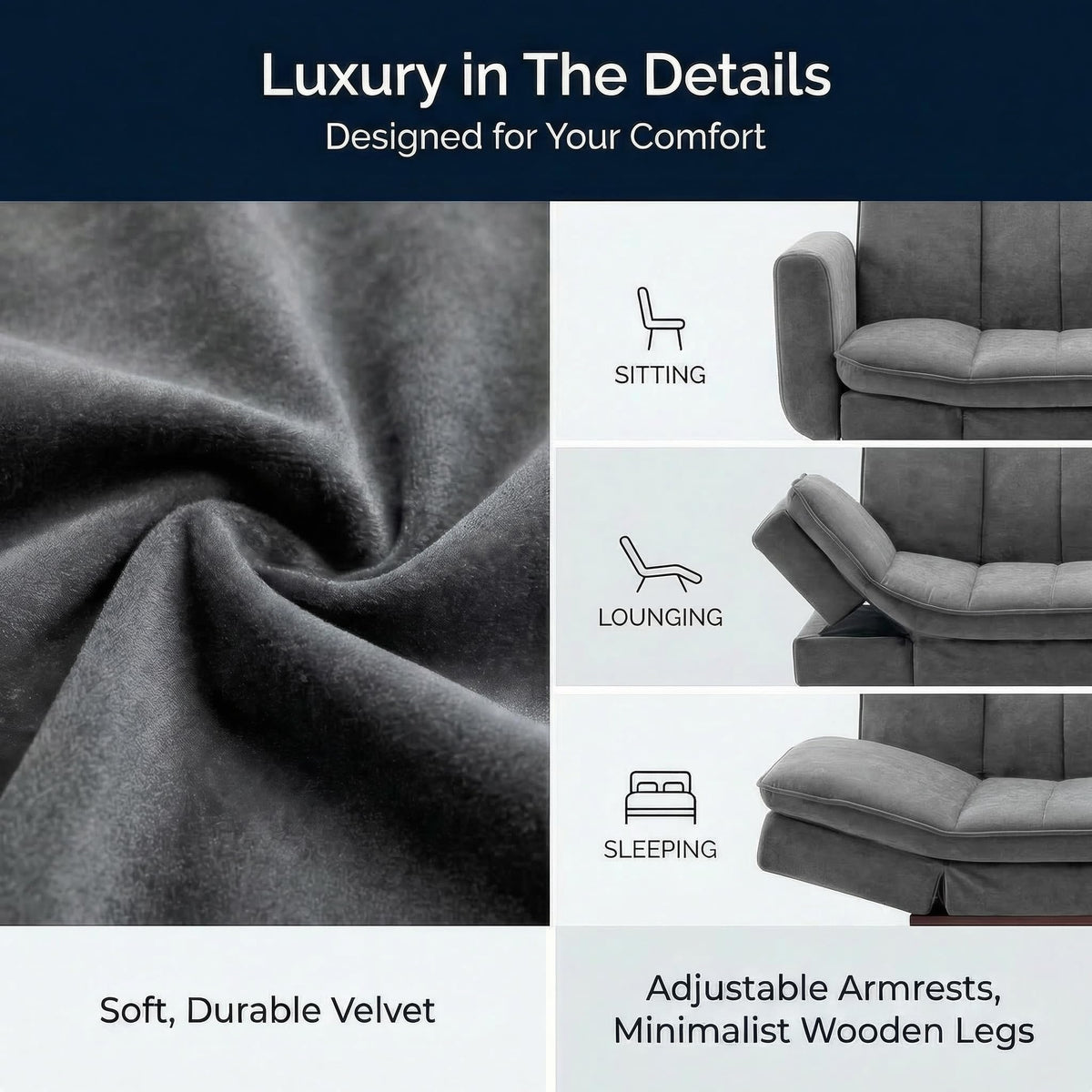 Mondaine Velvet Sofa Bed 3 Seater | Grey