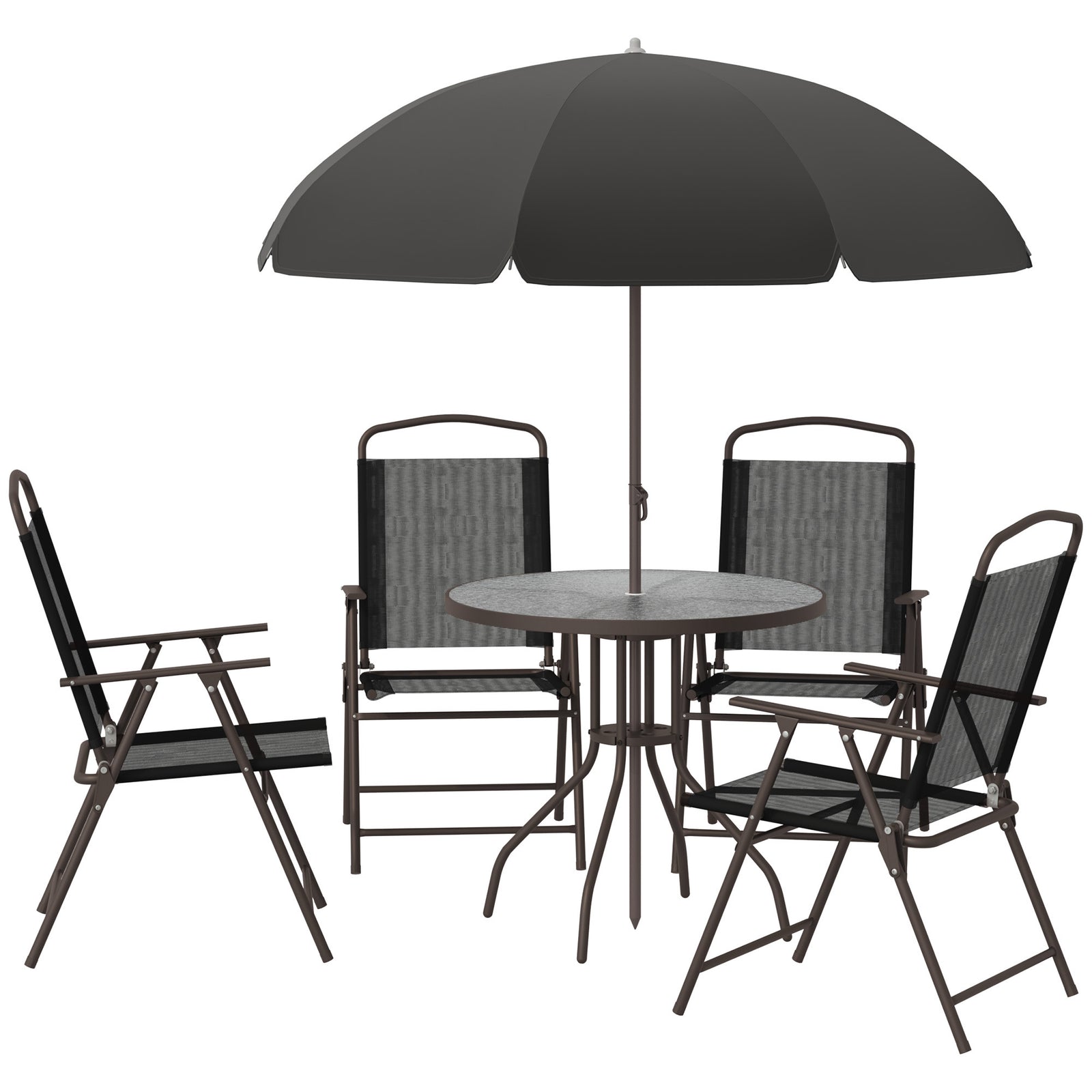6pc Garden Dining Set Furniture Folding Chairs Table Parasol | Black