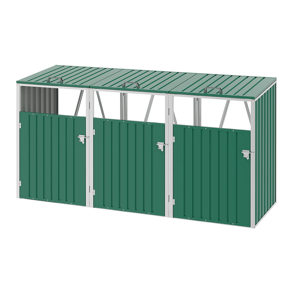 3 Bin Storage Shed – Heavy-duty Galvanized Steel Outdoor Bin Store With Lift-up Lids & Lockable Doors | Green