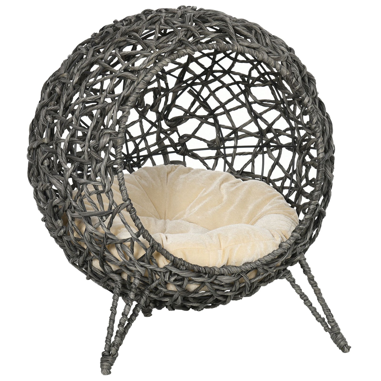 Wicker Cat House, Ball-shaped Rattan Raised Cat Bed | Gray