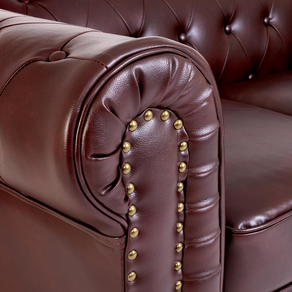 Chesterfield Scroll Arm Faux Leather Sofa 3 Seater | Brown