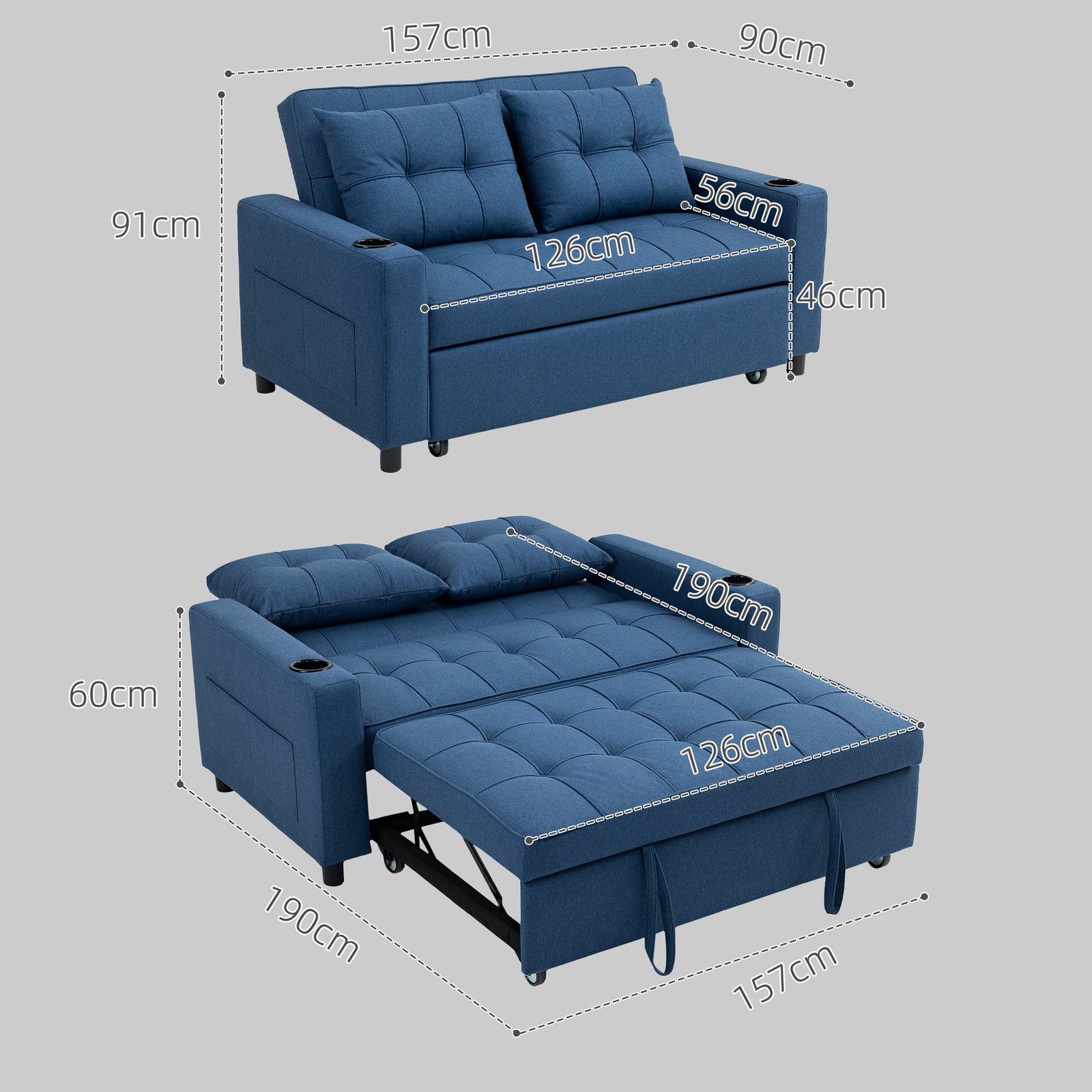2 Seater Pull Out Sofa Bed With Pockets For Living Room Dark Blue