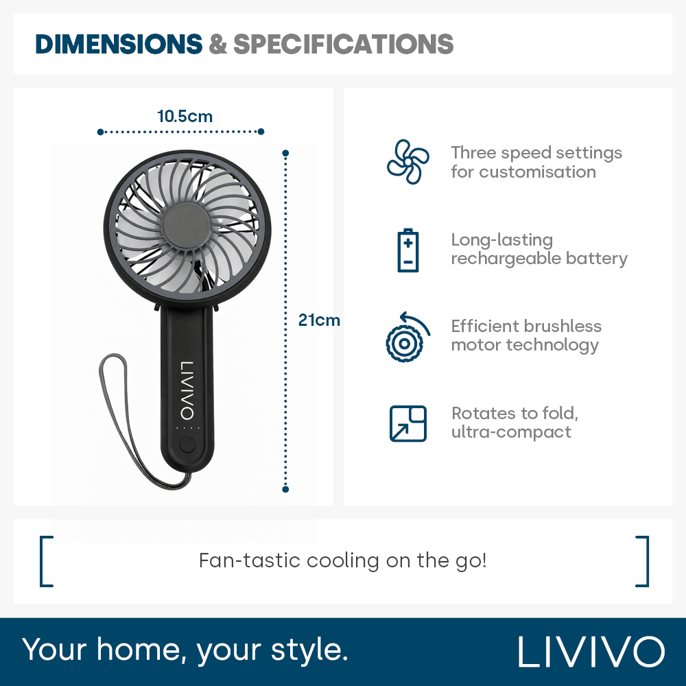 Handheld Mini Fan - 3 Speed Settings Rechargeable Type-c Usb | Black