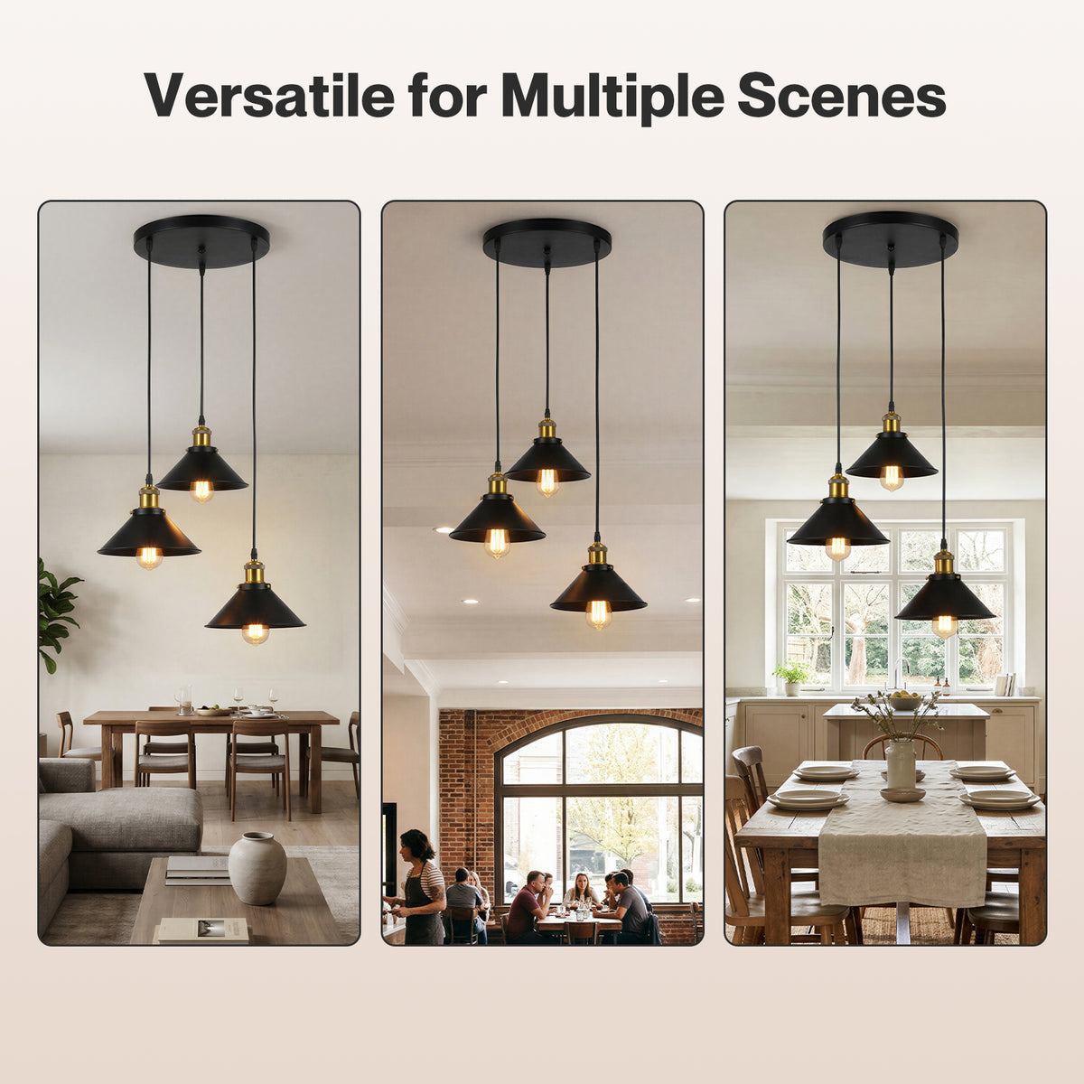 Emitto Pendant Light 3 Lights Height Adjustable Vintage Ceiling Light Black