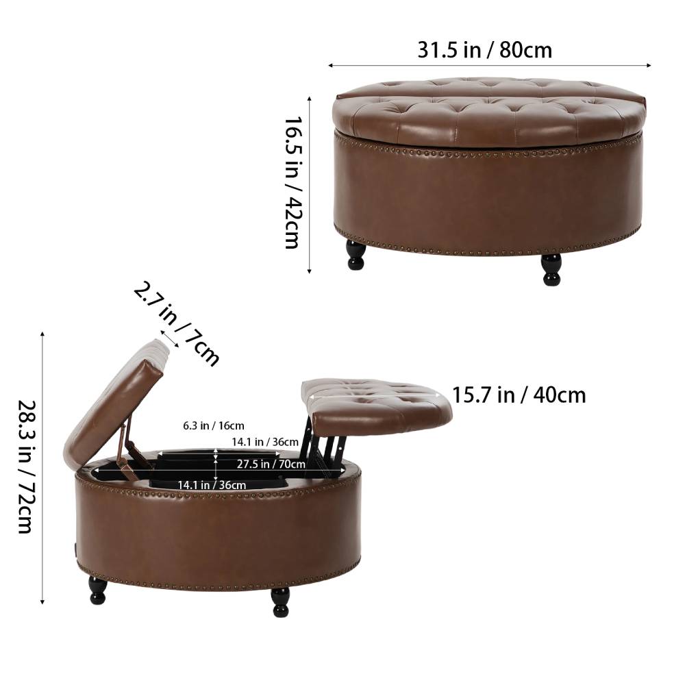 Round Pu Leather Upholstered Storage Ottoman With Lift-top & Flip Design | Brown