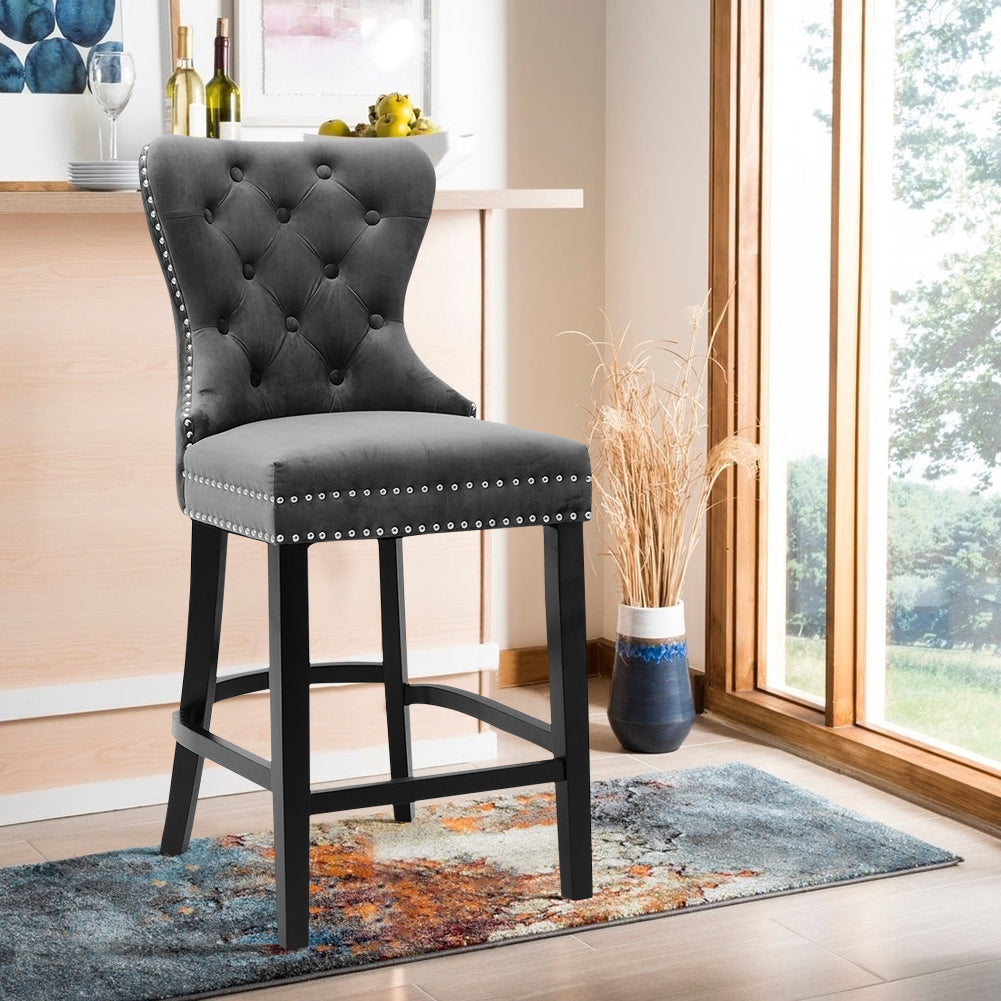 Luxury Velvet Bar Stool With Studded Backrest – Padded Seat, Solid Wood Legs & Footrest