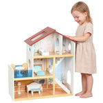 Kids Wooden Dolls House 3 Story With 5 Rooms, 11 Accessories, White