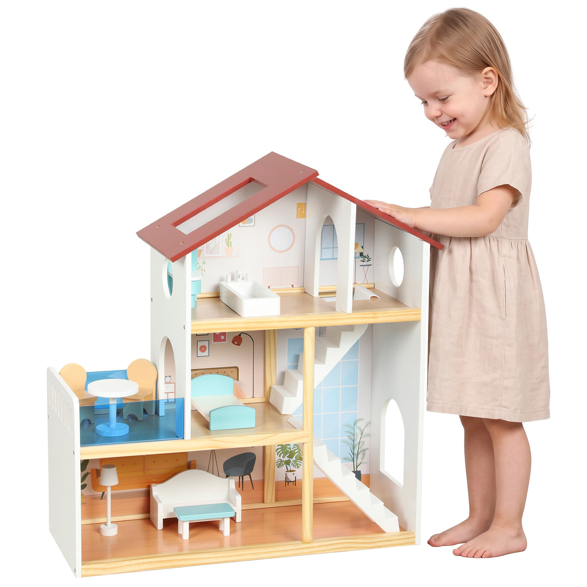 Kids Wooden Dolls House 3 Story With 5 Rooms, 11 Accessories, White