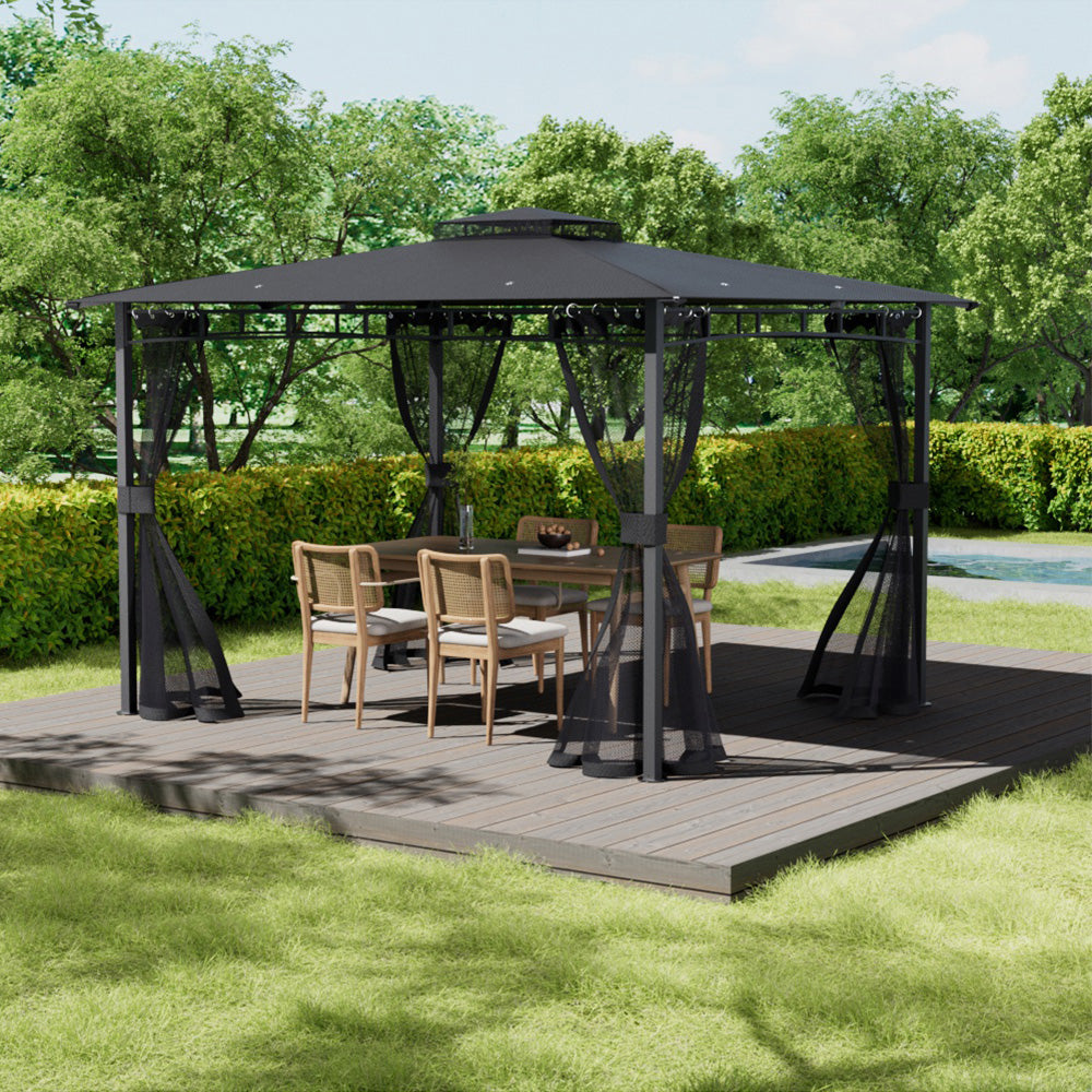 3x3.65m Gazebo With Double Roof And Mesh Curtains Outdoor Patio Pavilion For Backyard, Lawn, Deck