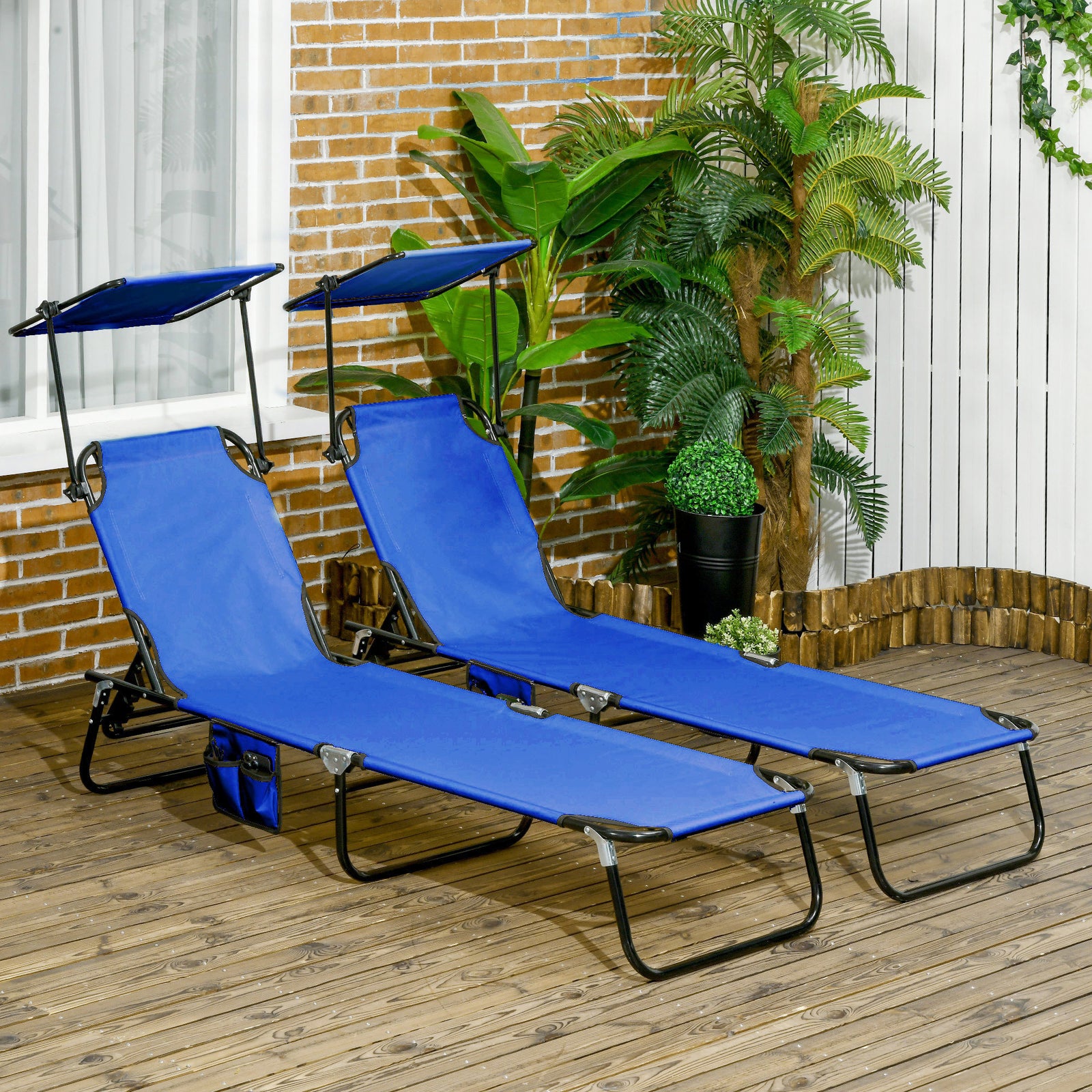 2 Piece Folding Sun Loungers With Adjustable Backrest | Blue