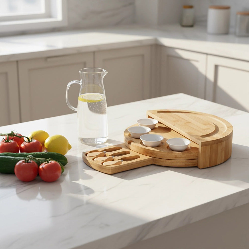 Bamboo Cheese Board Set With Drawer & Knives